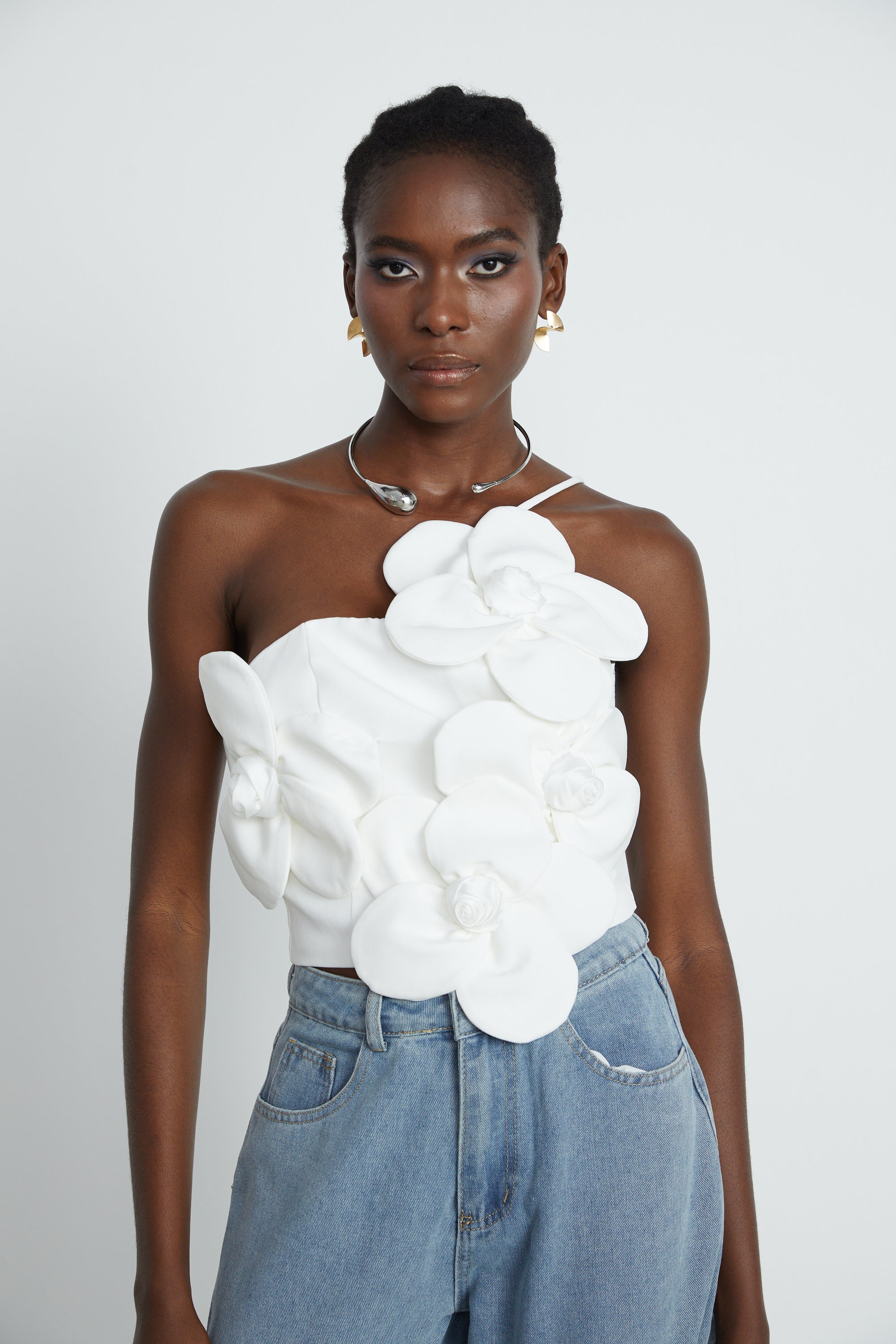 Priscille floral-appliqué halterneck top