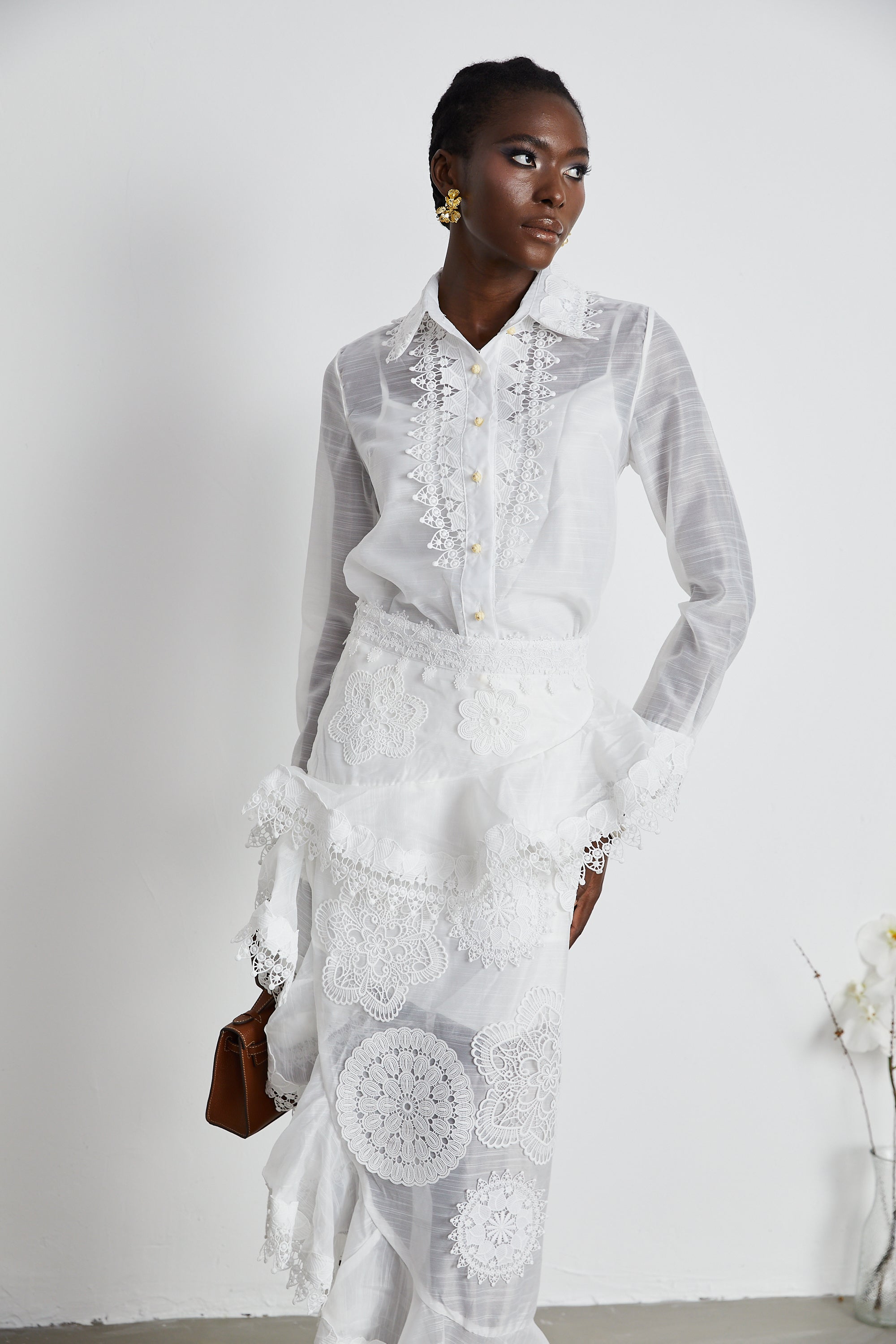 Renée white semi-sheer shirt & skirt matching set