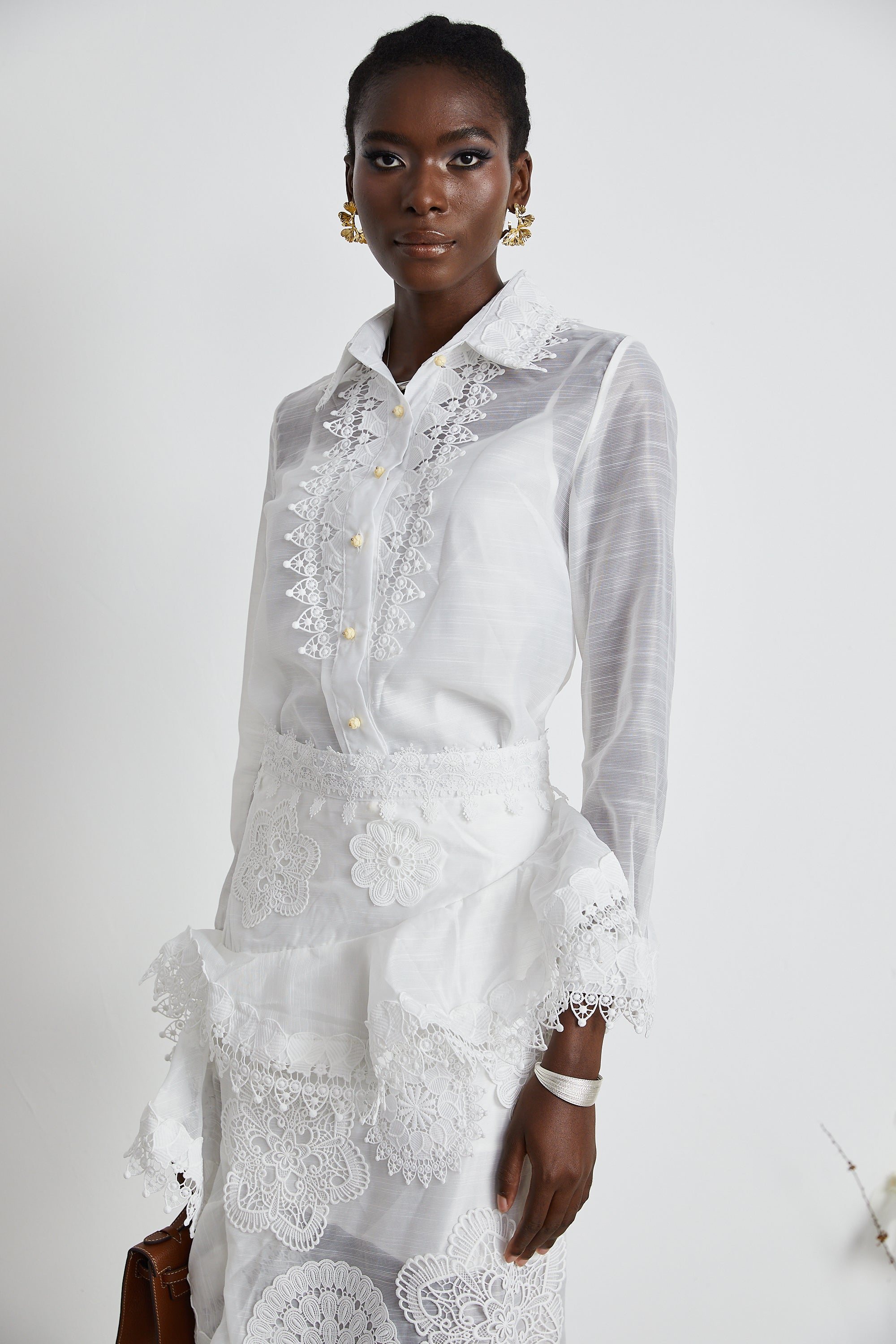 Renée white semi-sheer shirt & skirt matching set