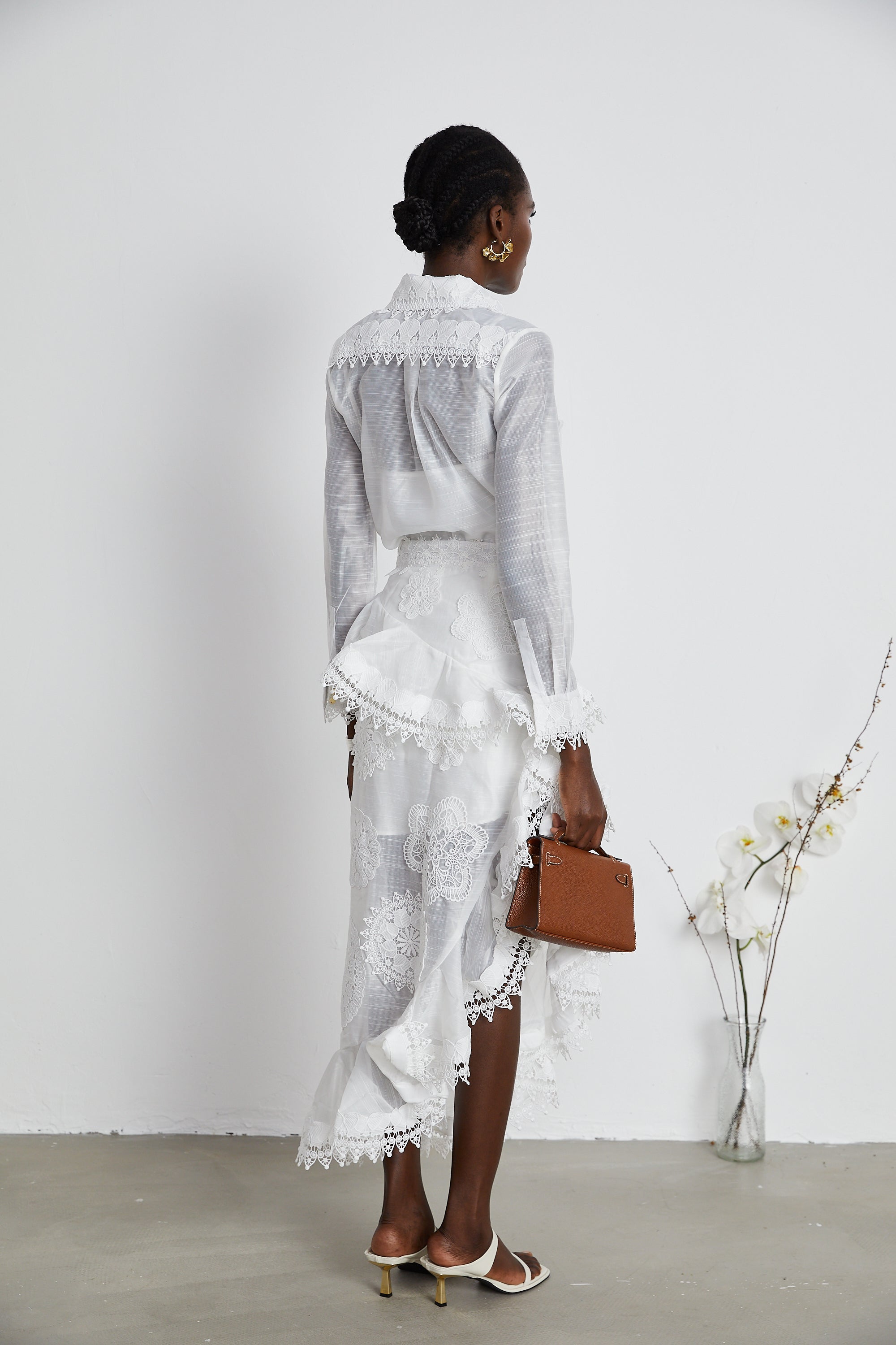 Renée white semi-sheer shirt & skirt matching set