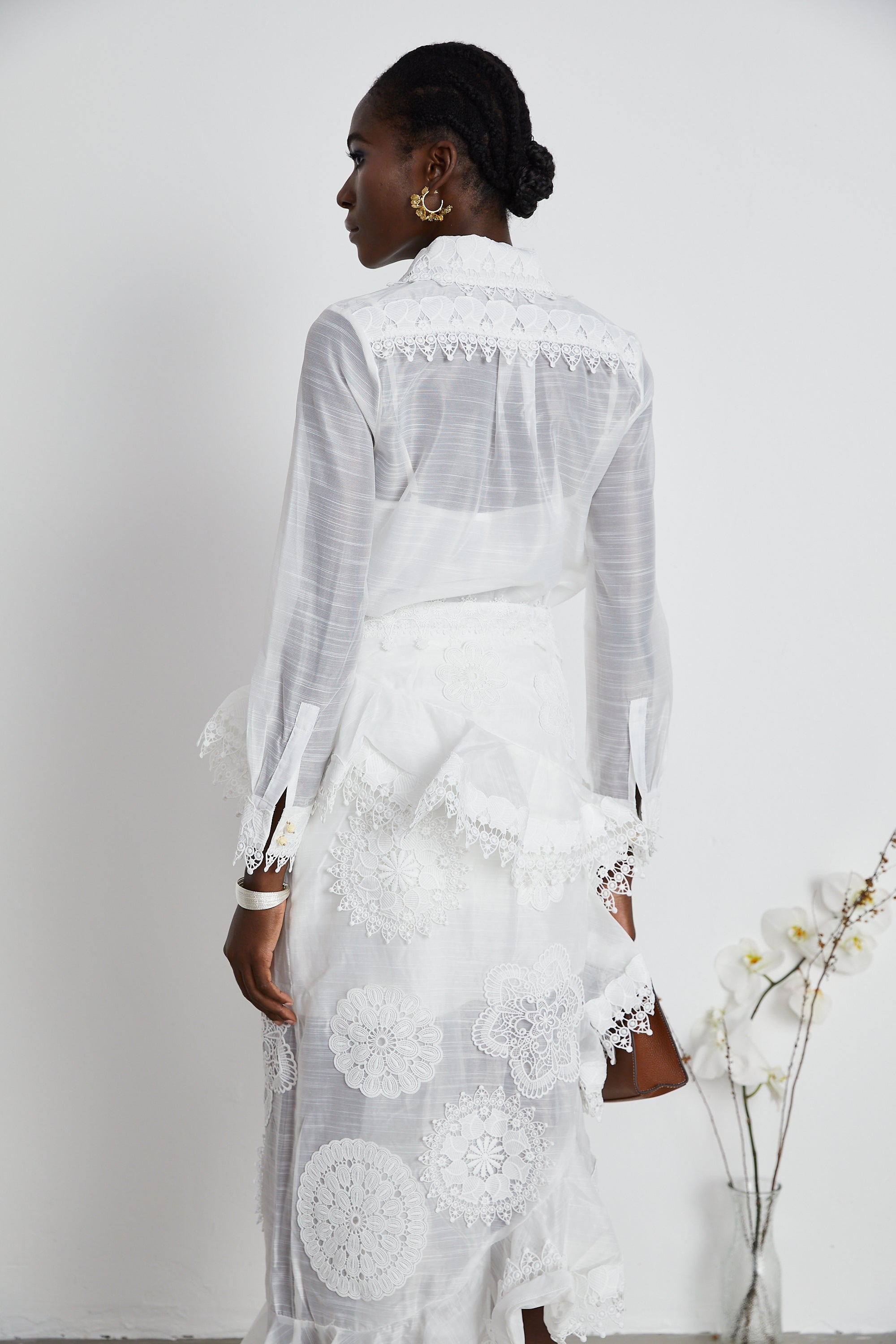 Renée white semi-sheer shirt & skirt matching set