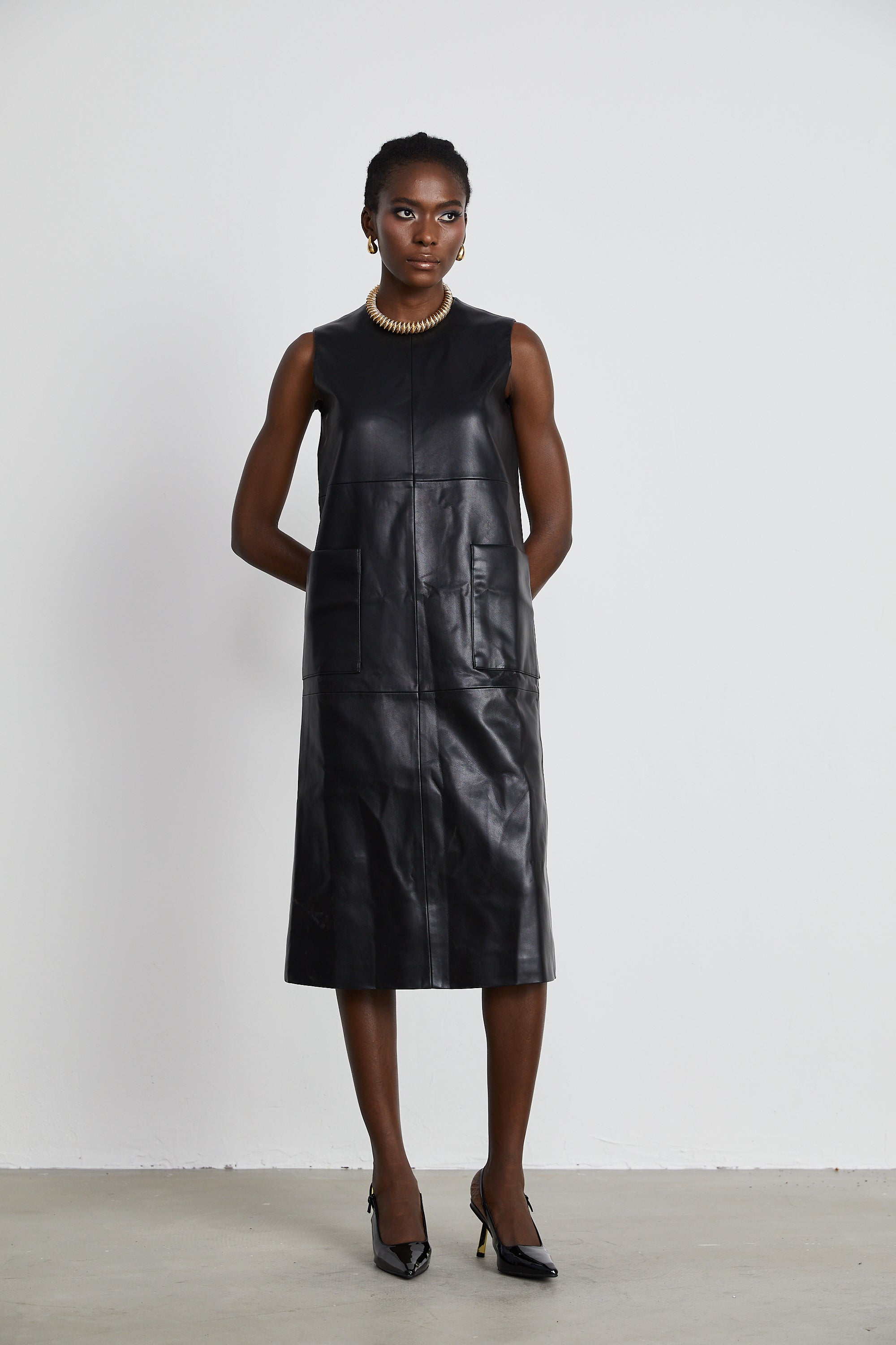 Margot black leather midi dress