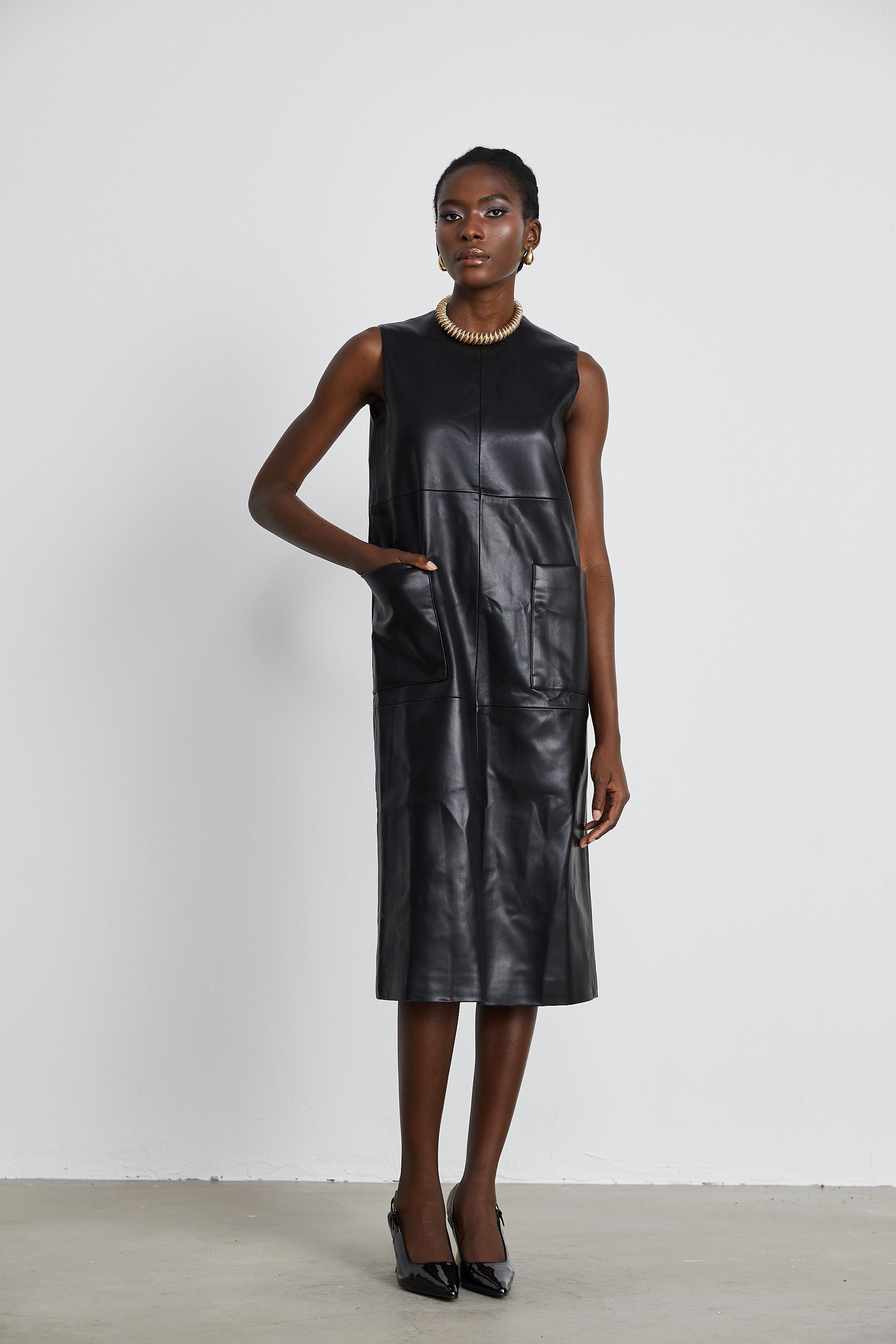 Margot black leather midi dress