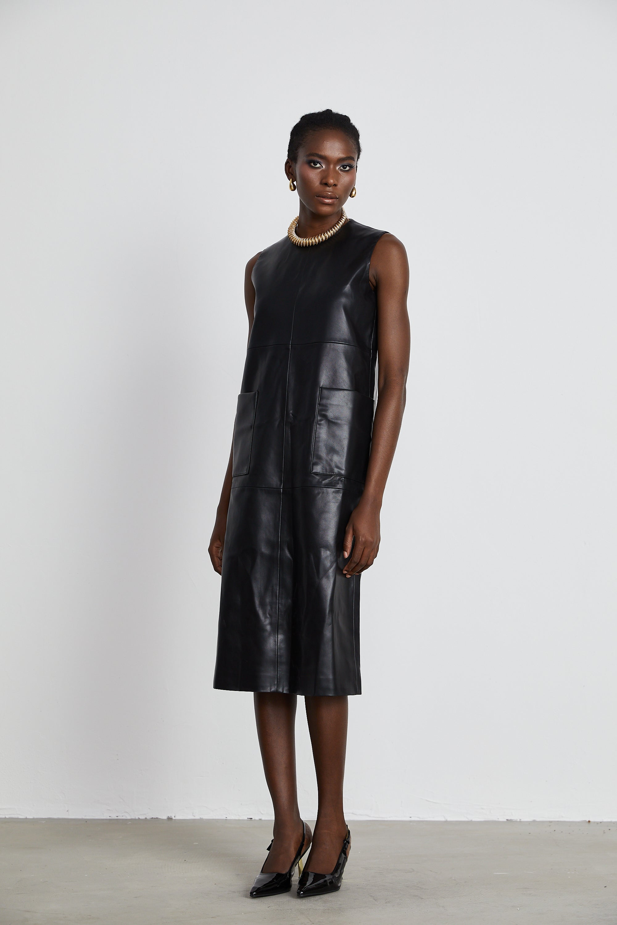 Margot black leather midi dress