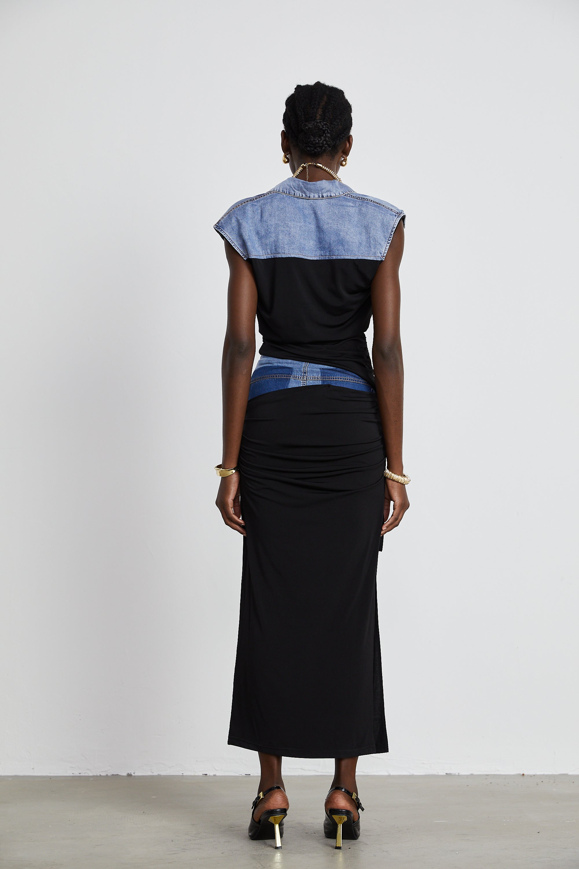 Nala jersey-panelled denim top & skirt matching set