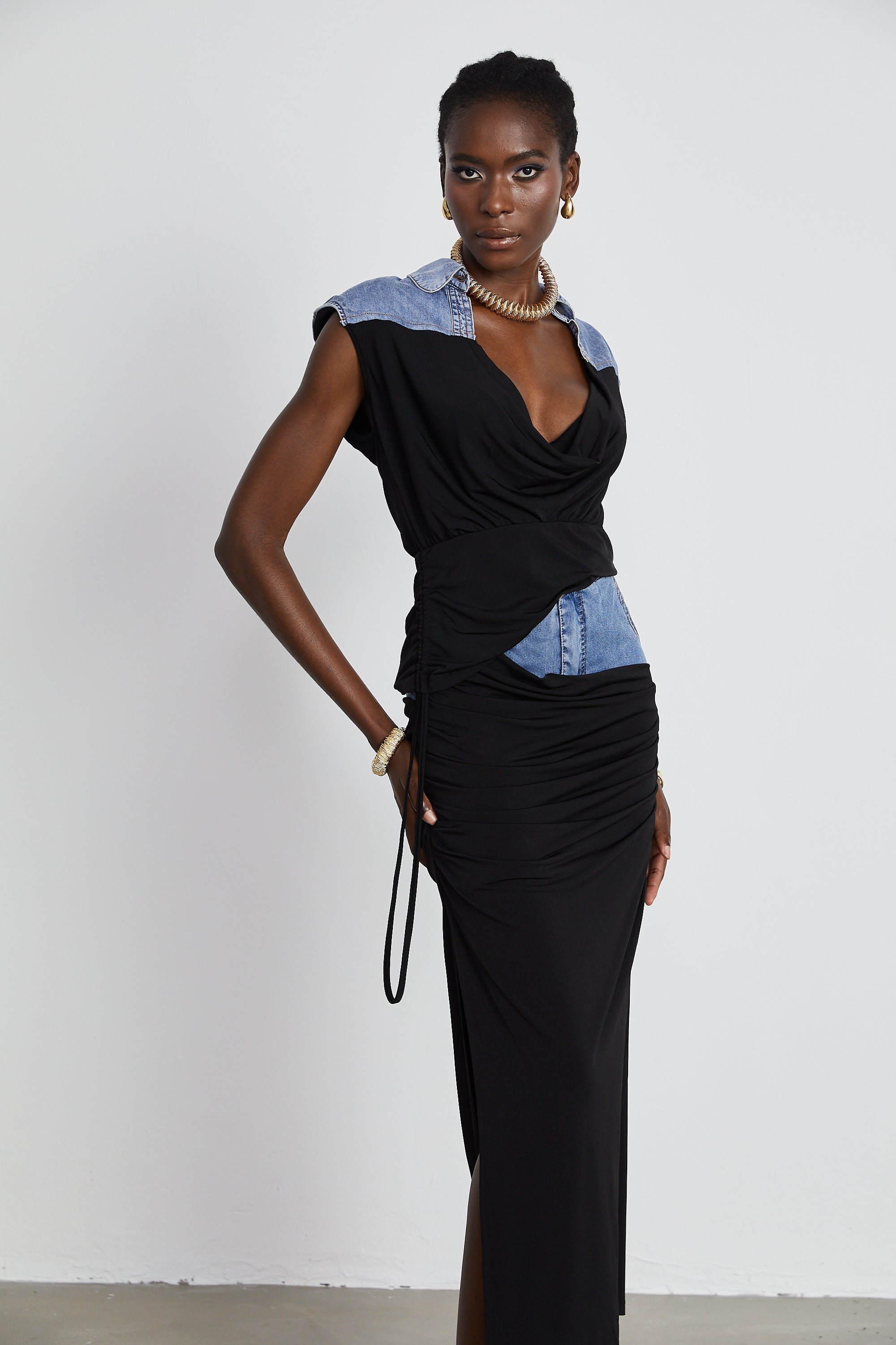 Nala jersey-panelled denim top & skirt matching set