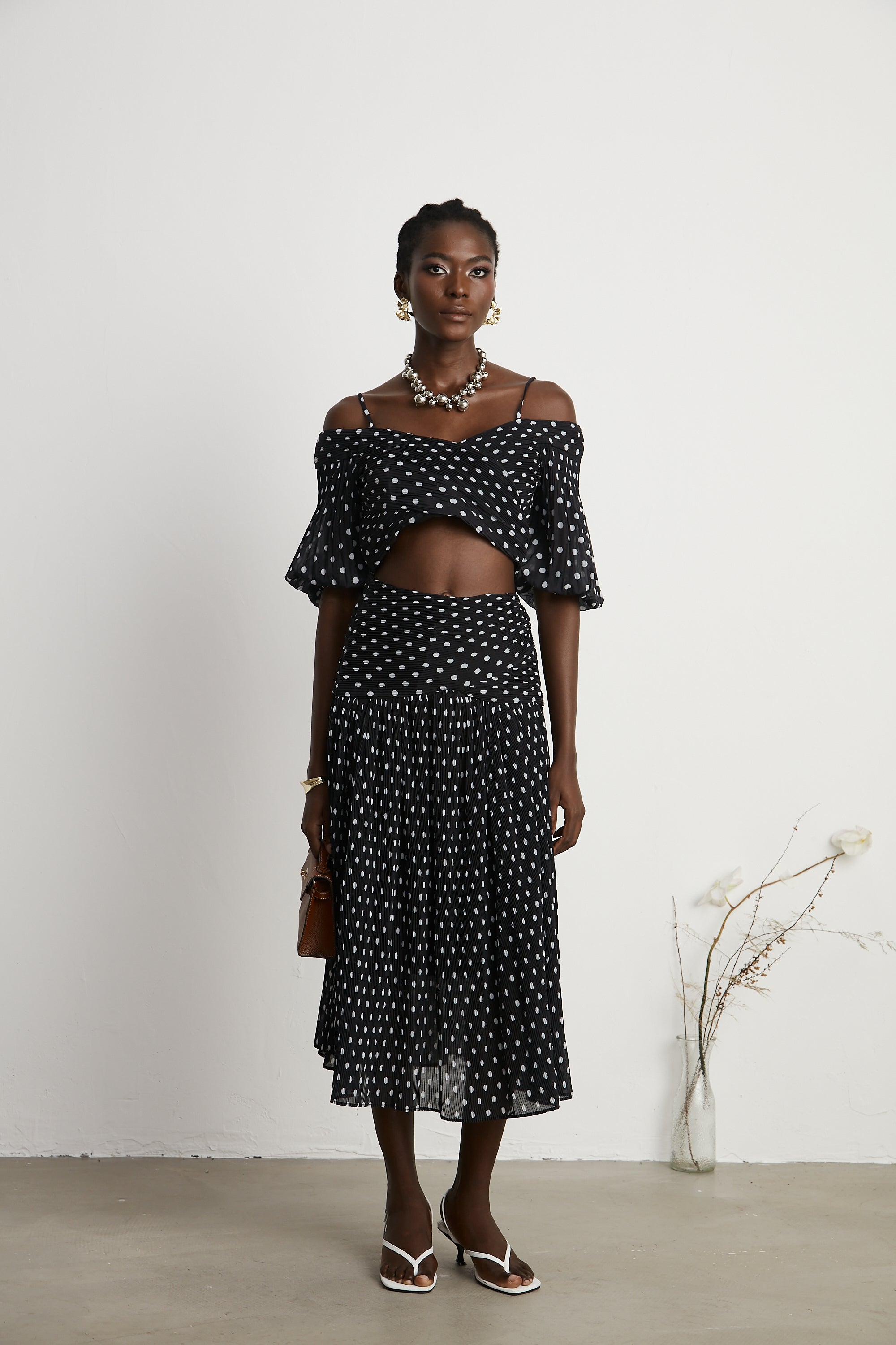 Ingrid polka-dot pleated top & skirt matching set