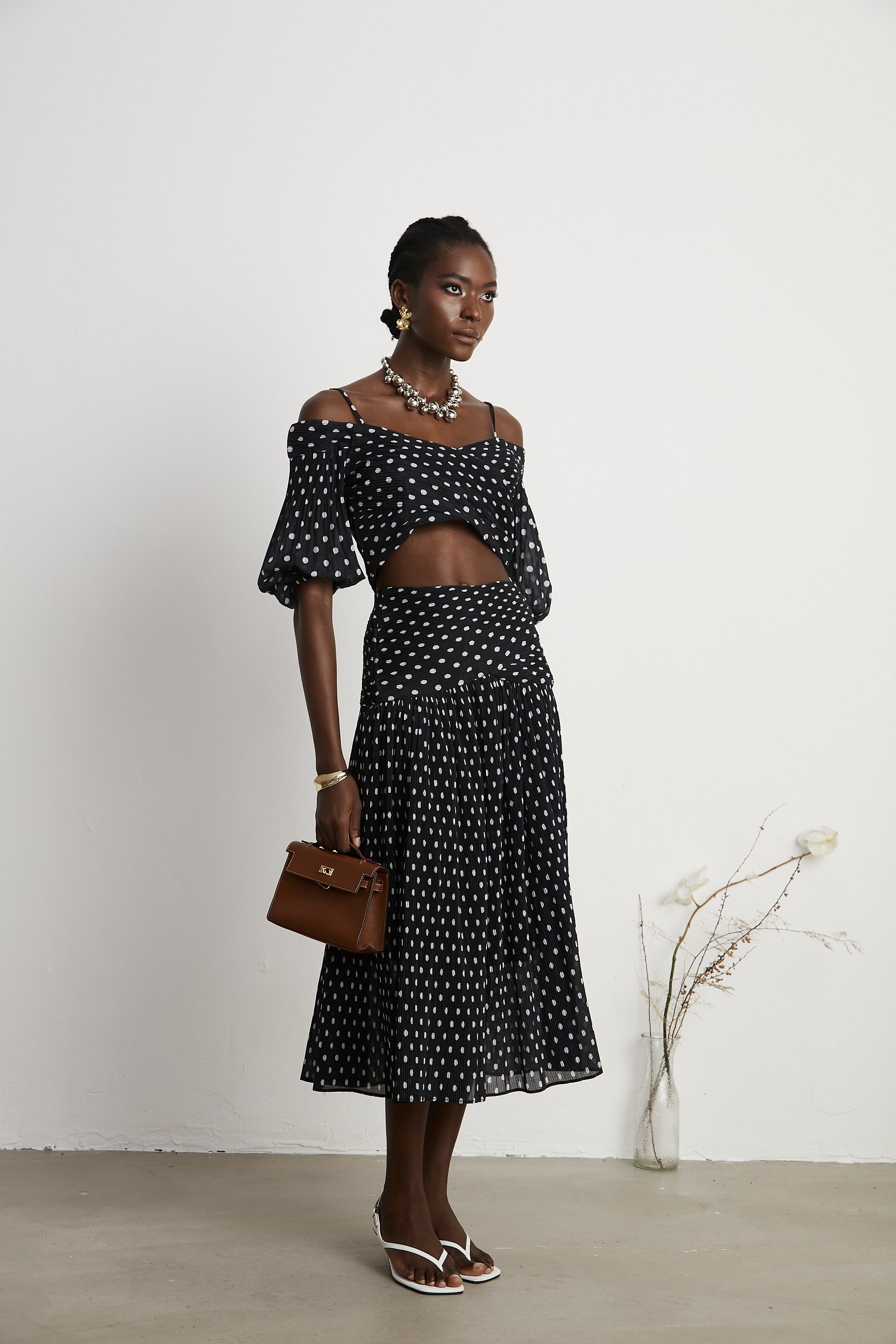 Ingrid polka-dot pleated top & skirt matching set