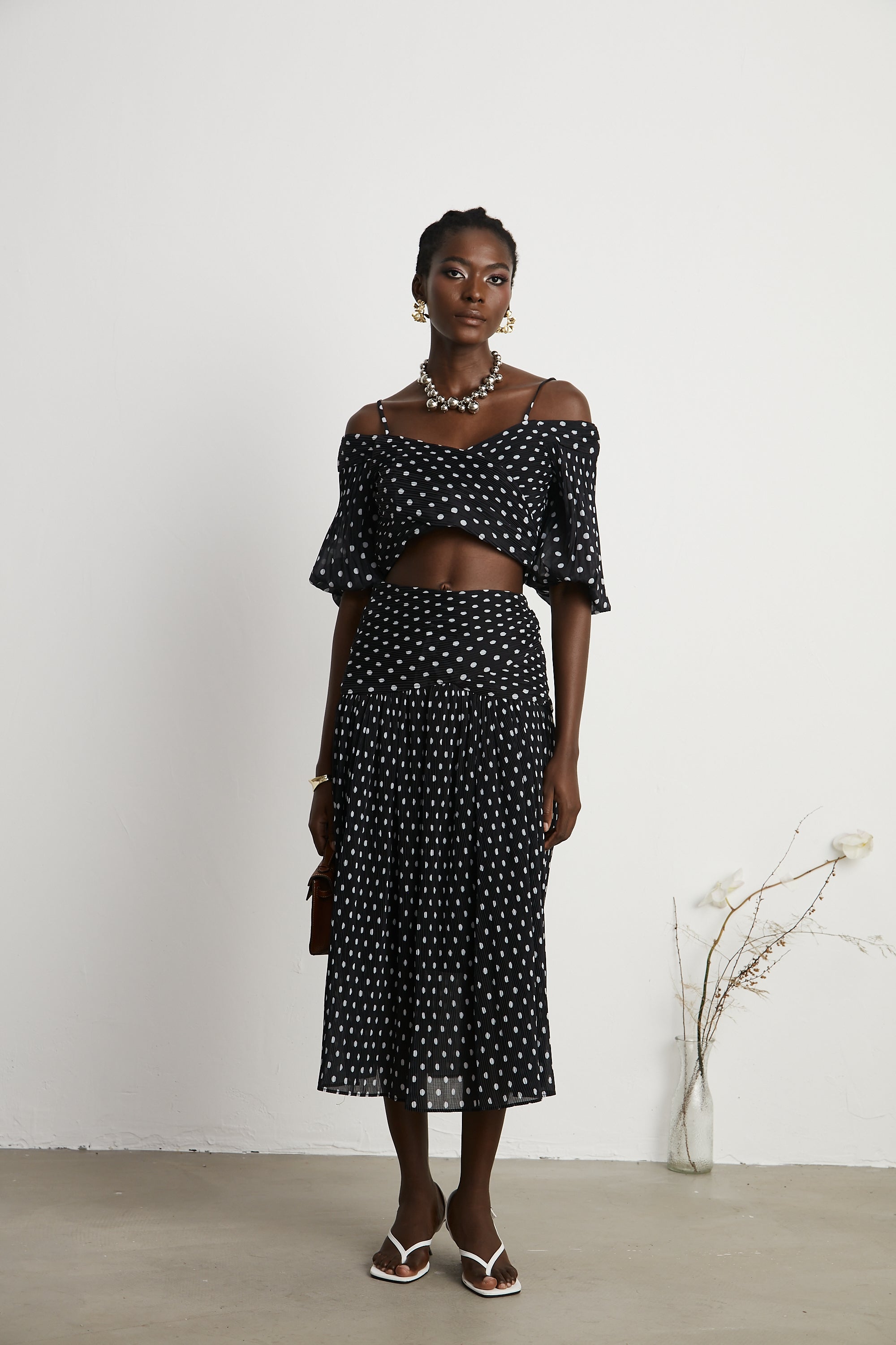 Ingrid polka-dot pleated top & skirt matching set