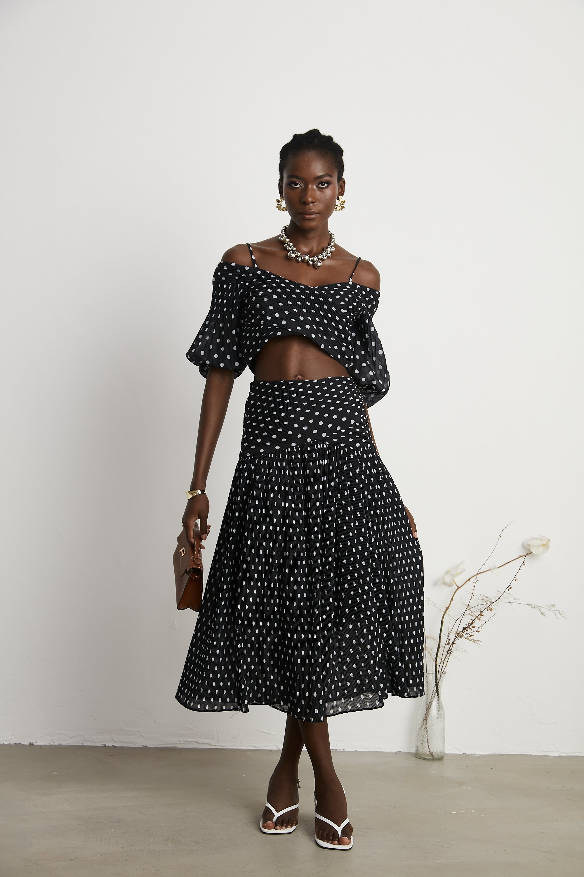 Ingrid polka-dot pleated top & skirt matching set