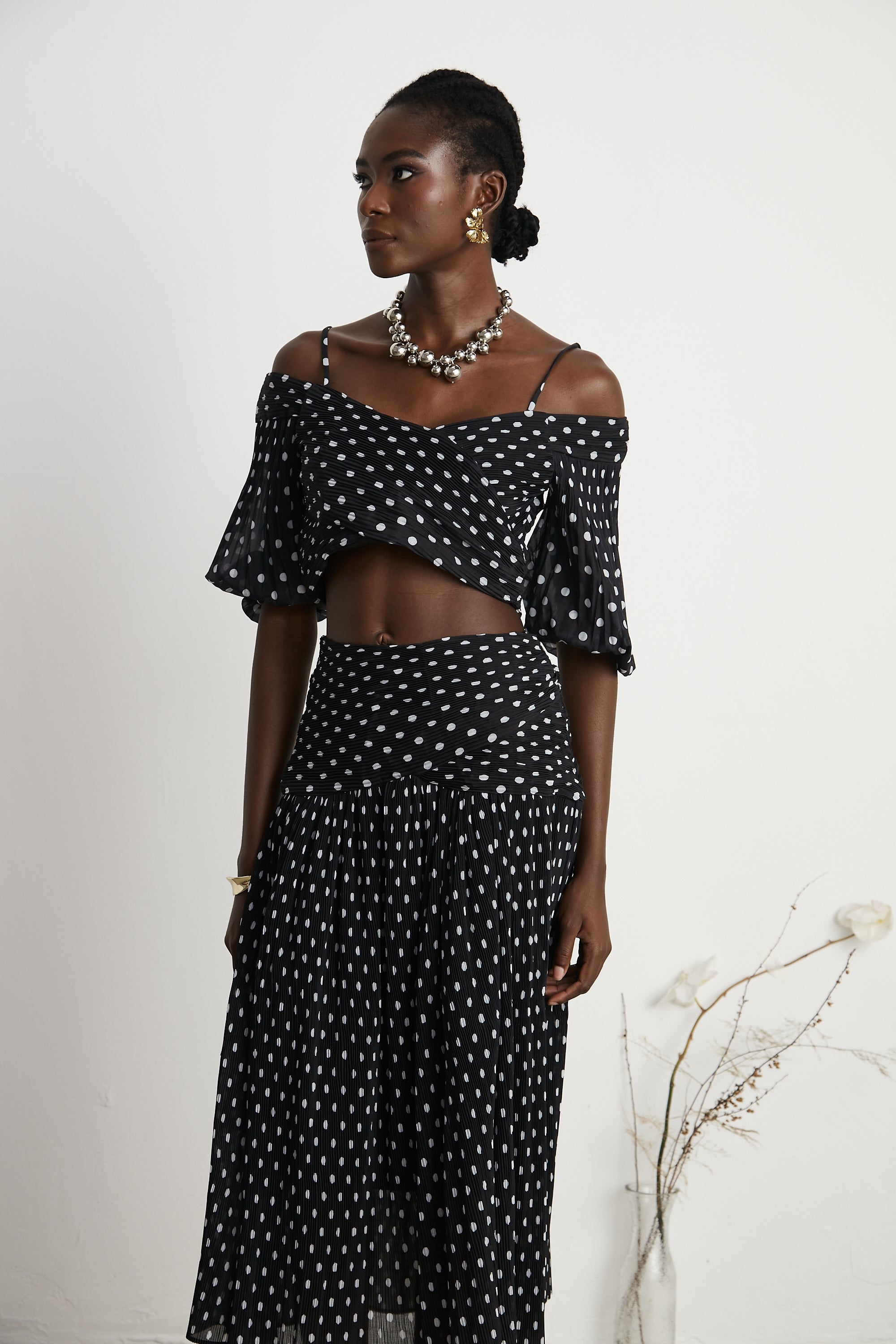 Ingrid polka-dot pleated top & skirt matching set