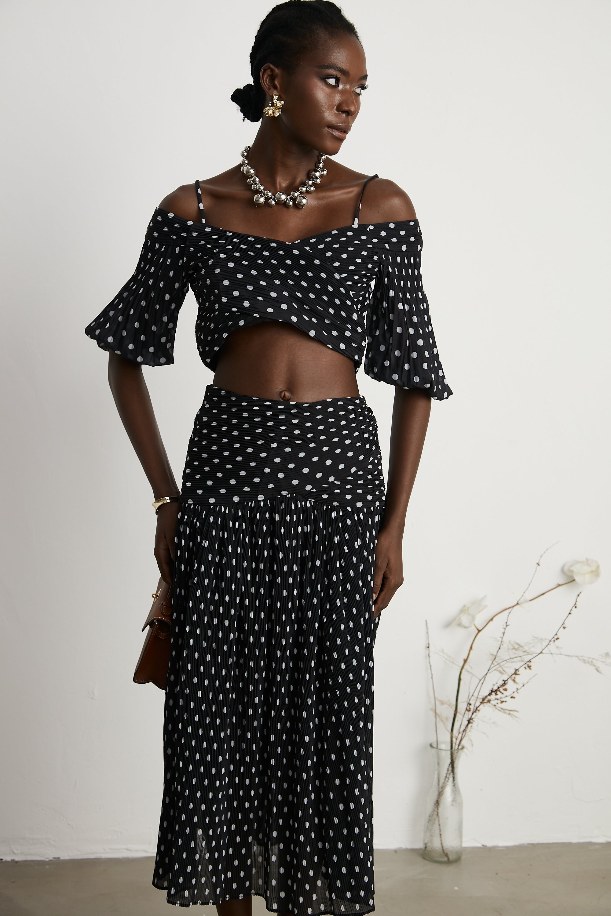 Ingrid polka-dot pleated top & skirt matching set