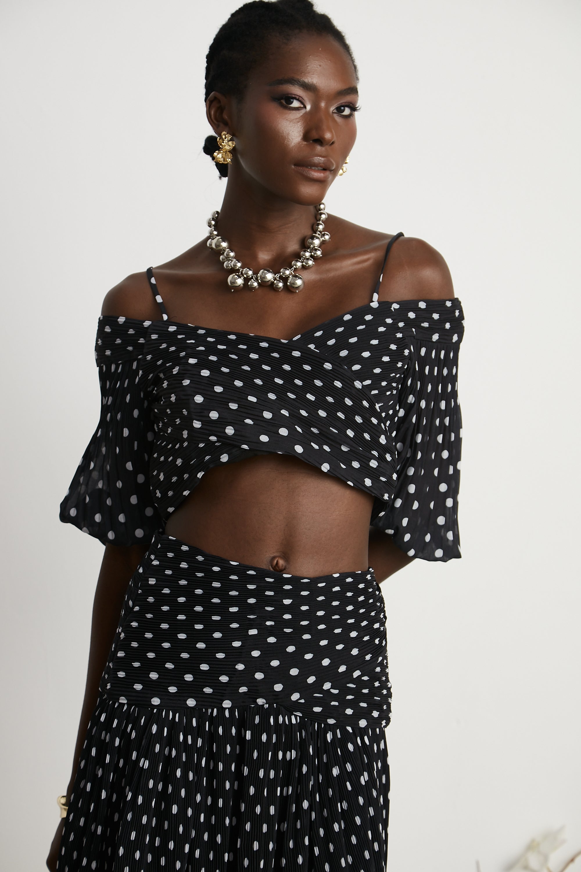 Ingrid polka-dot pleated top & skirt matching set