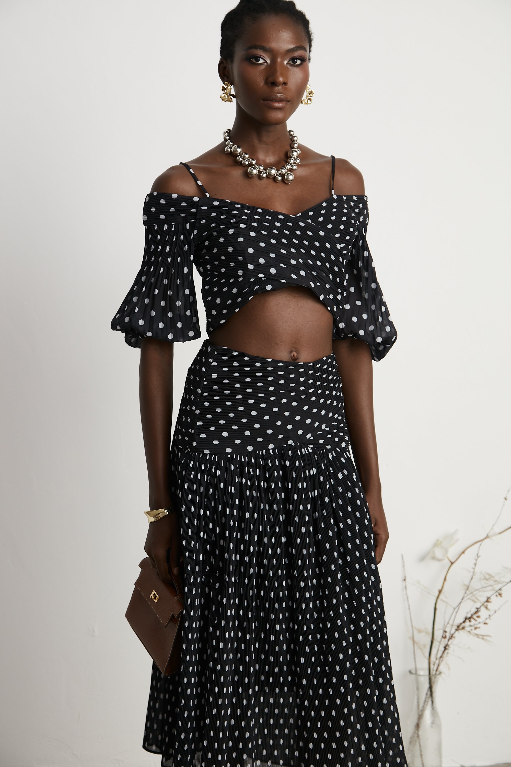 Ingrid polka-dot pleated top & skirt matching set