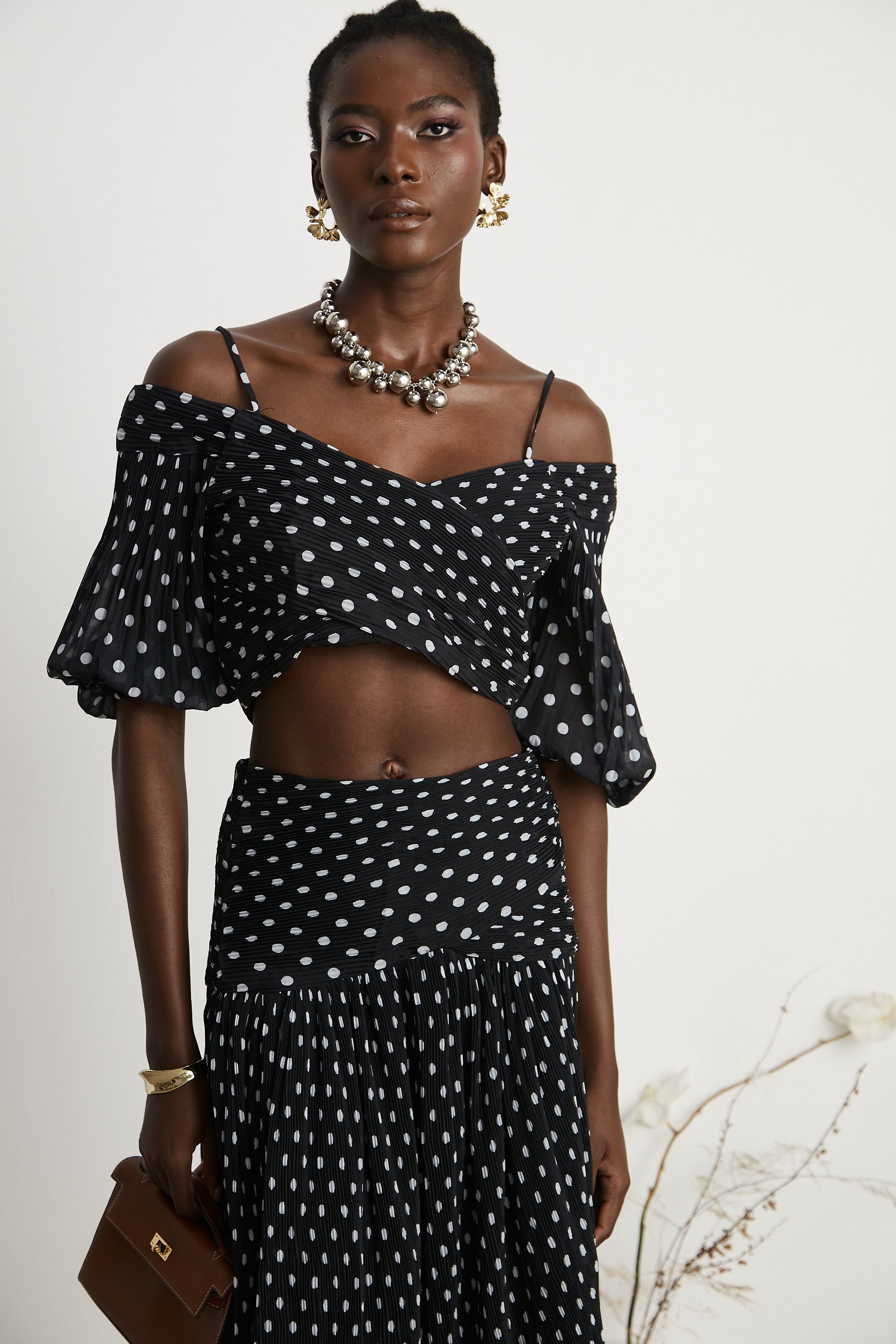 Ingrid polka-dot pleated top & skirt matching set