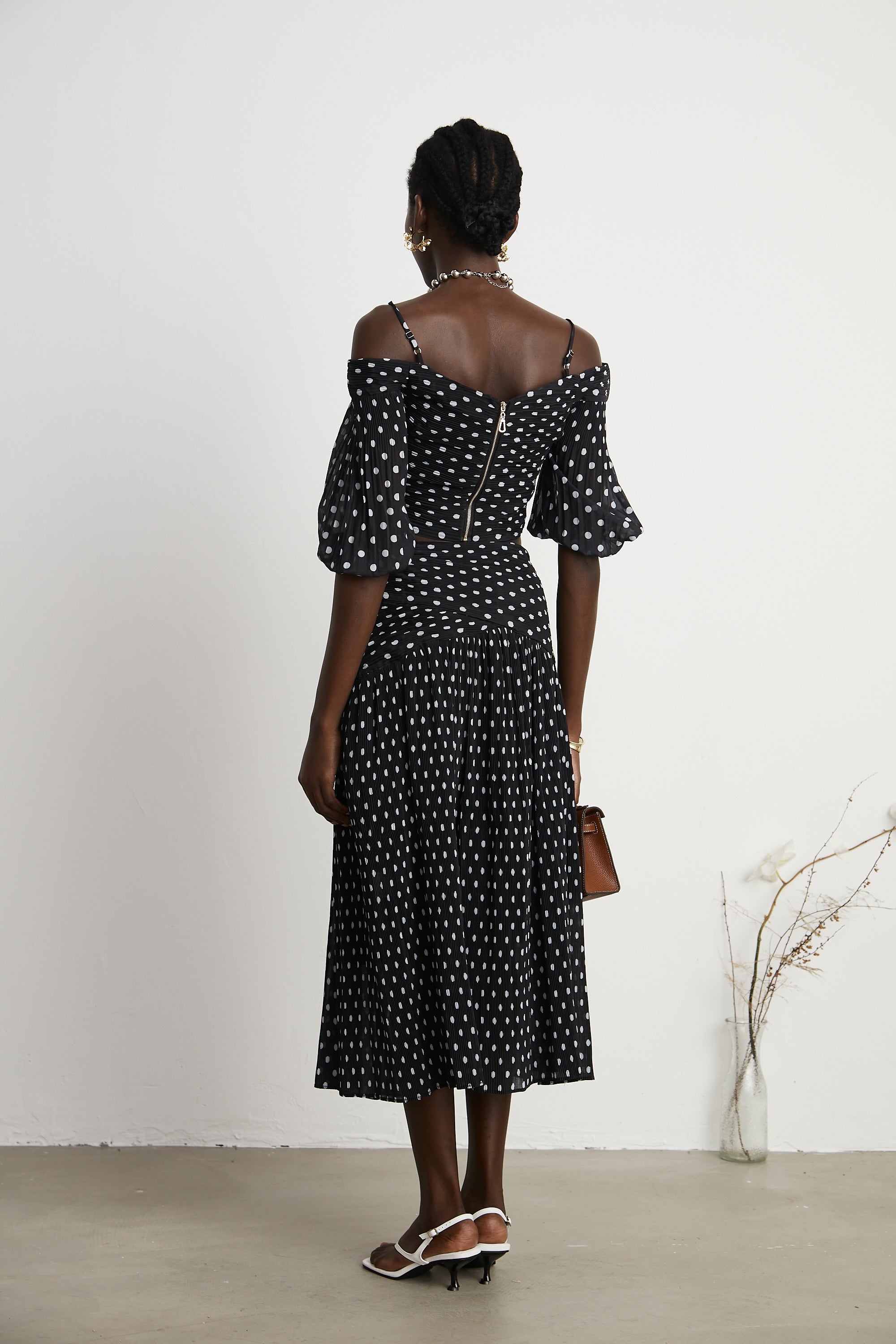 Ingrid polka-dot pleated top & skirt matching set