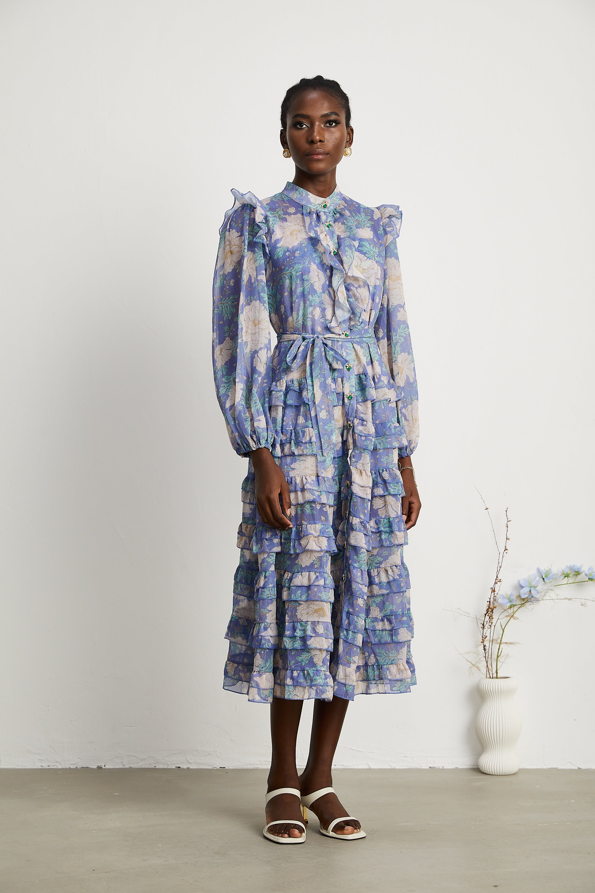 Céleste floral-print balloon-sleeve midi dress