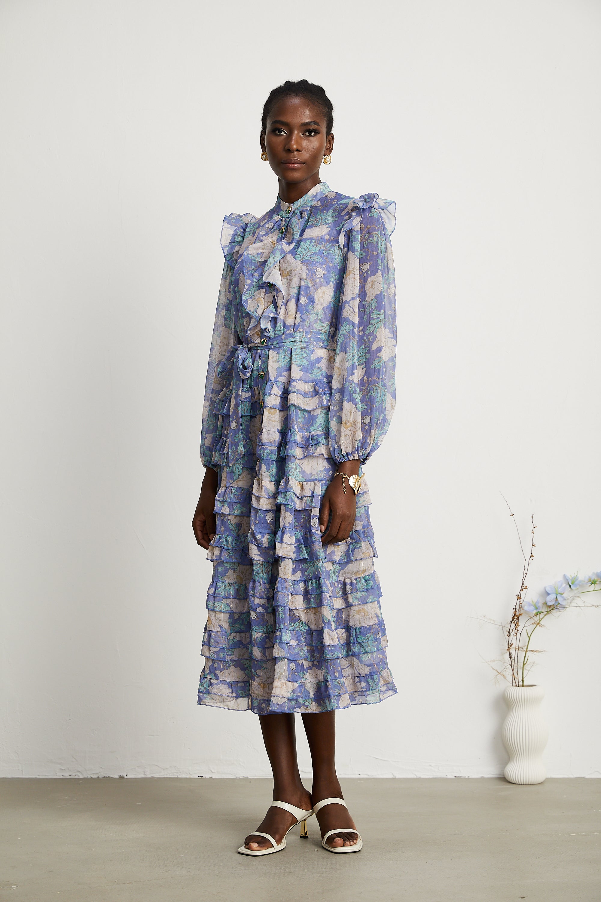 Céleste floral-print balloon-sleeve midi dress