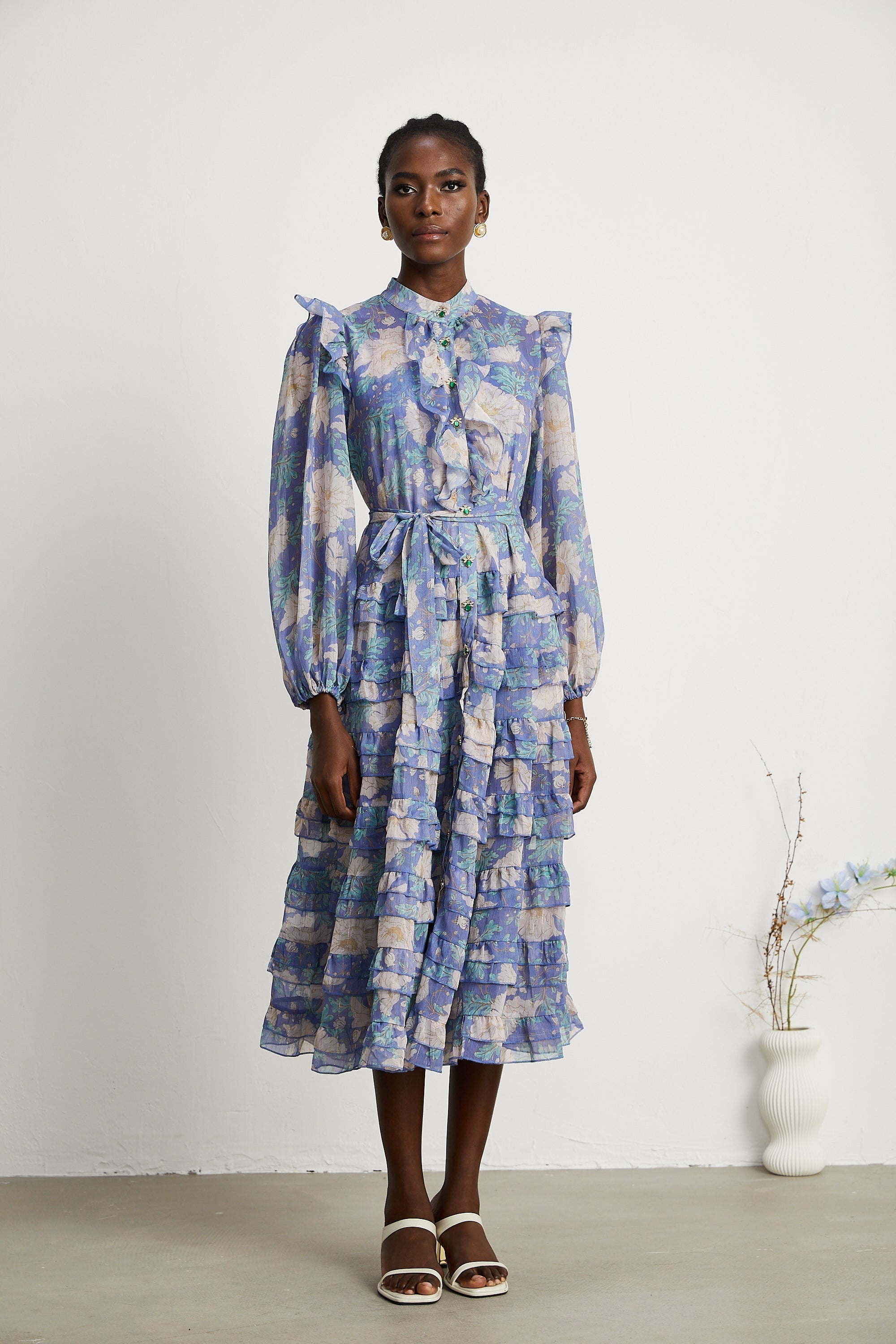 Céleste floral-print balloon-sleeve midi dress