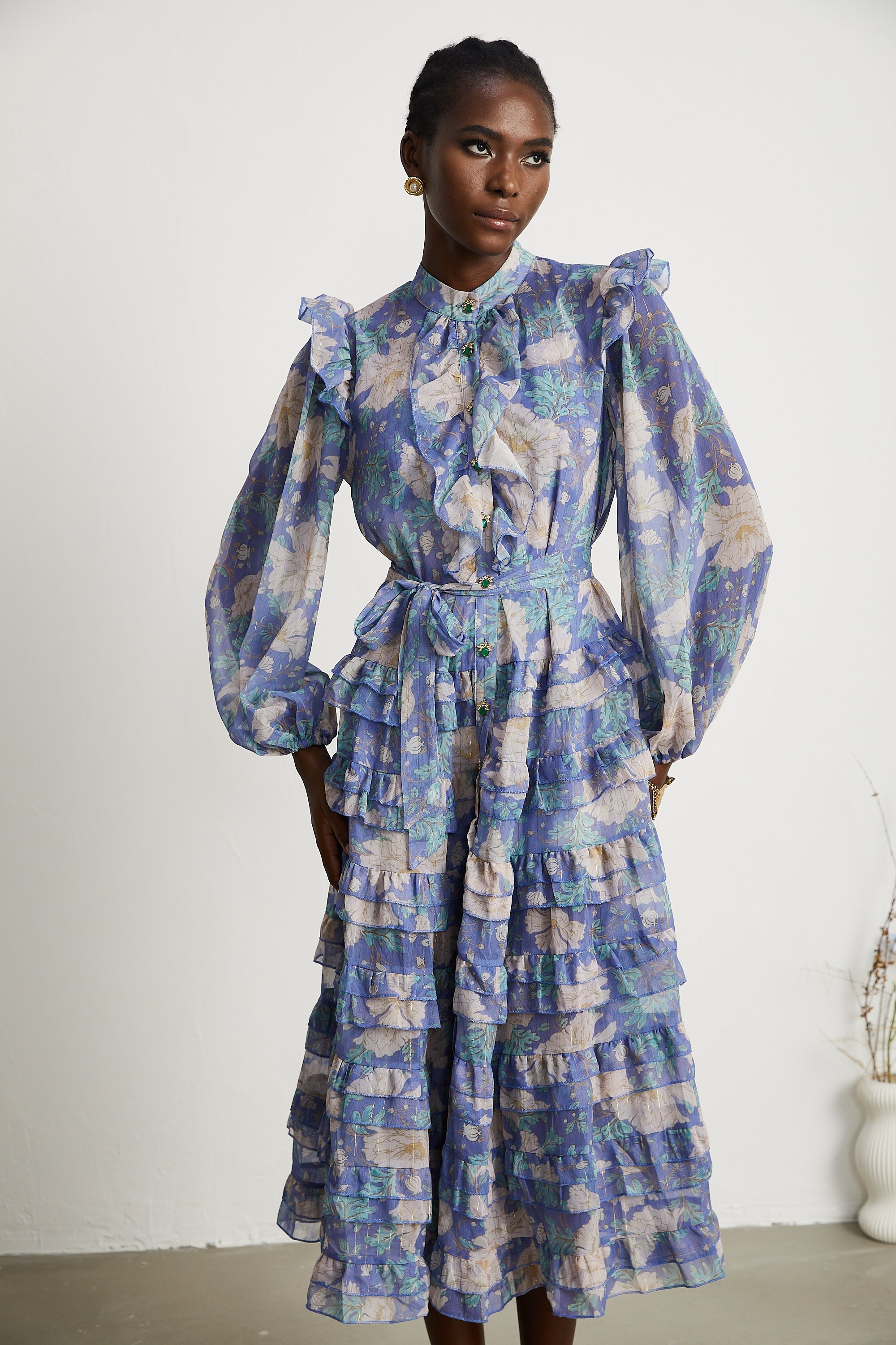 Céleste floral-print balloon-sleeve midi dress