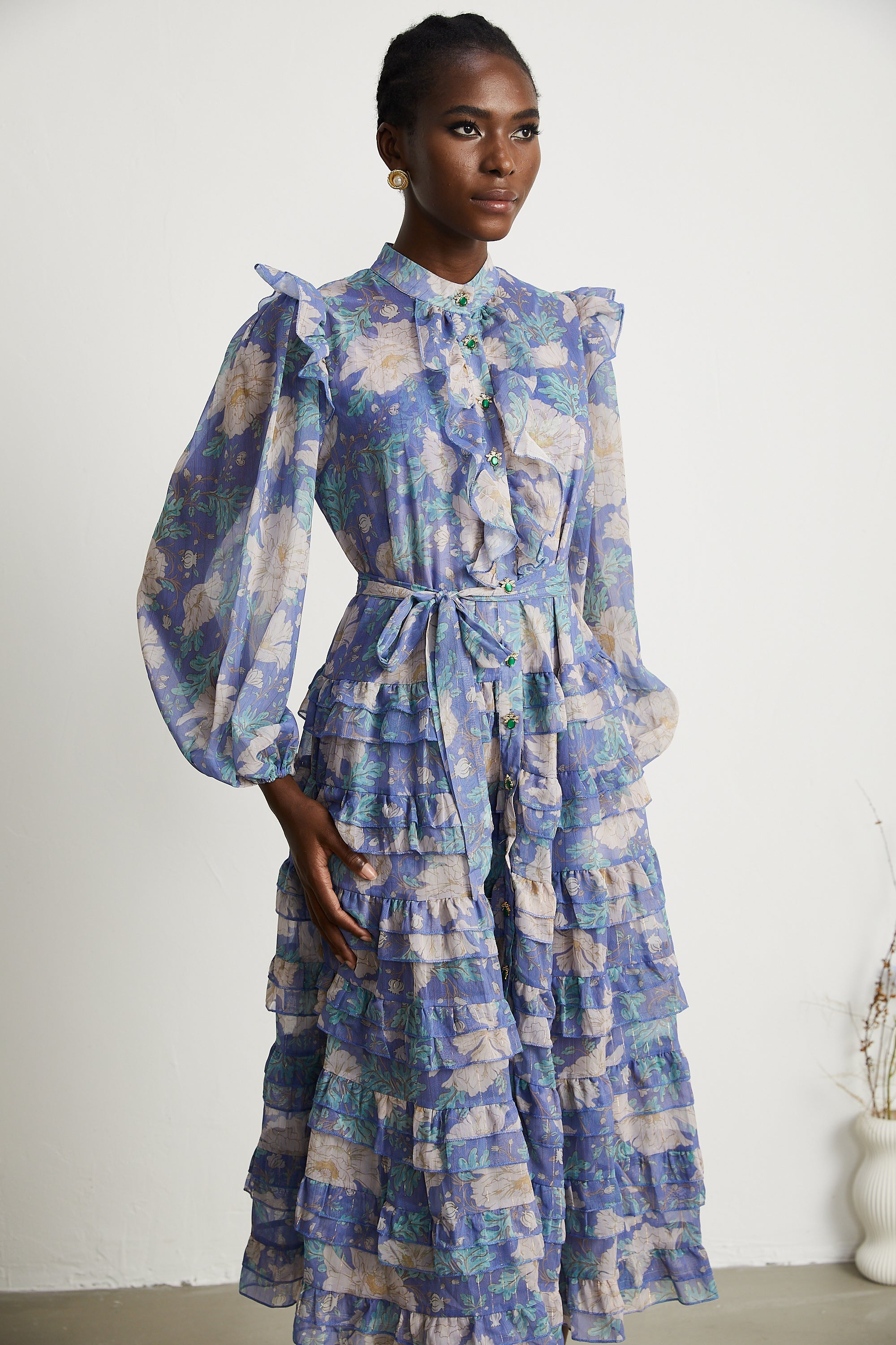 Céleste floral-print balloon-sleeve midi dress