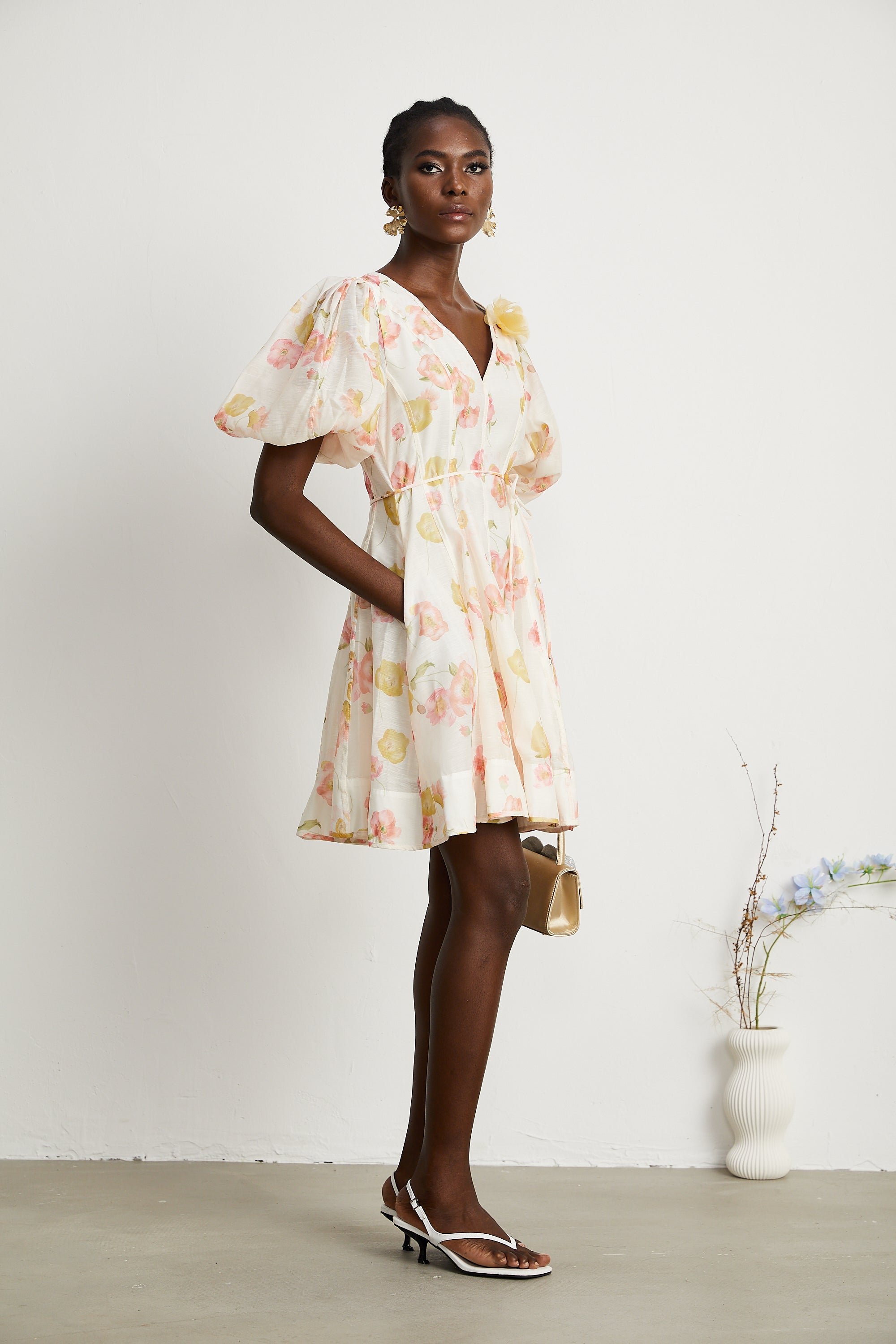 Lila floral-print puff-sleeved mini dress