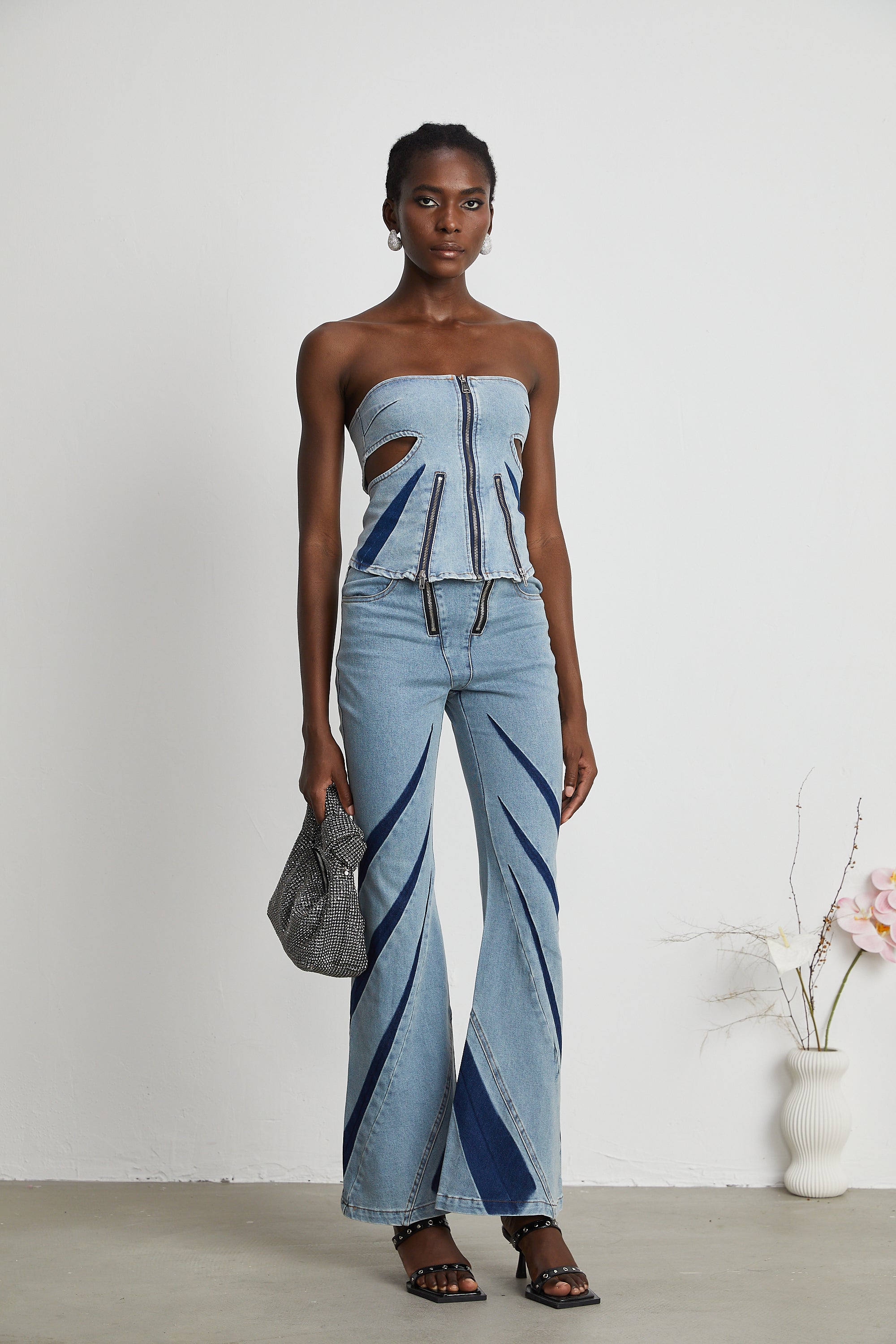 Inès color-blocked denim top & jeans matching set