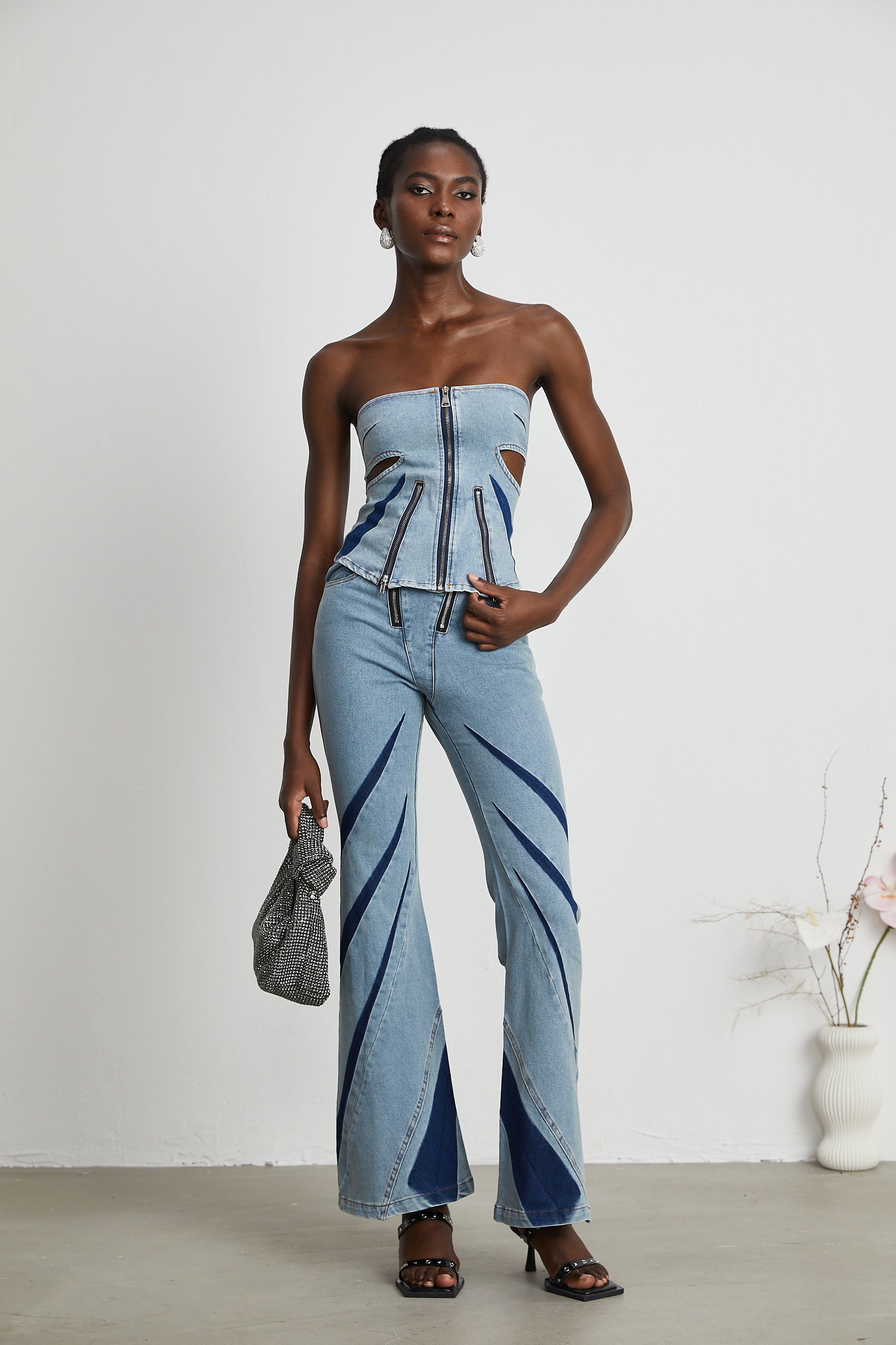 Inès color-blocked denim top & jeans matching set