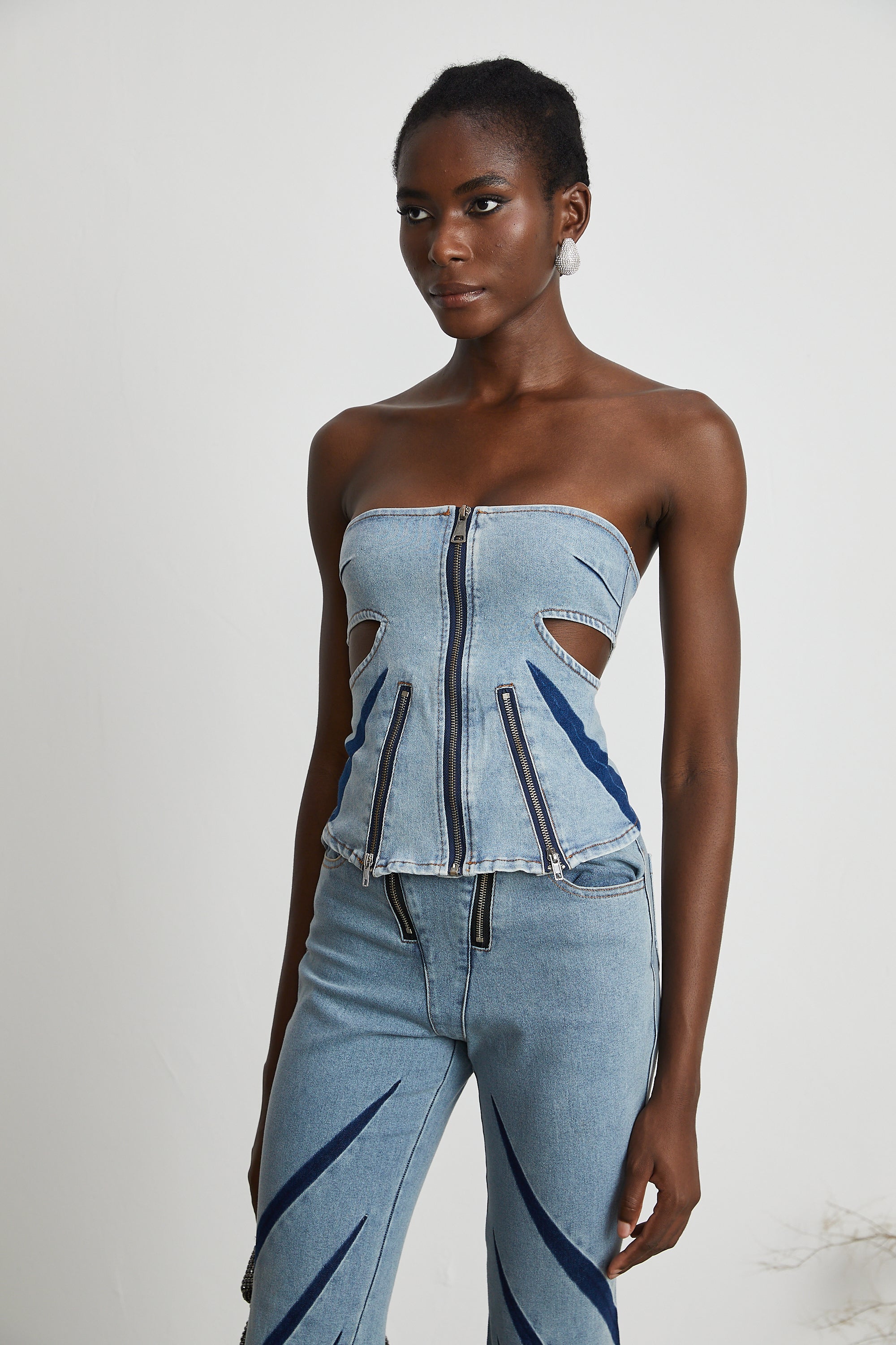 Inès color-blocked denim top & jeans matching set