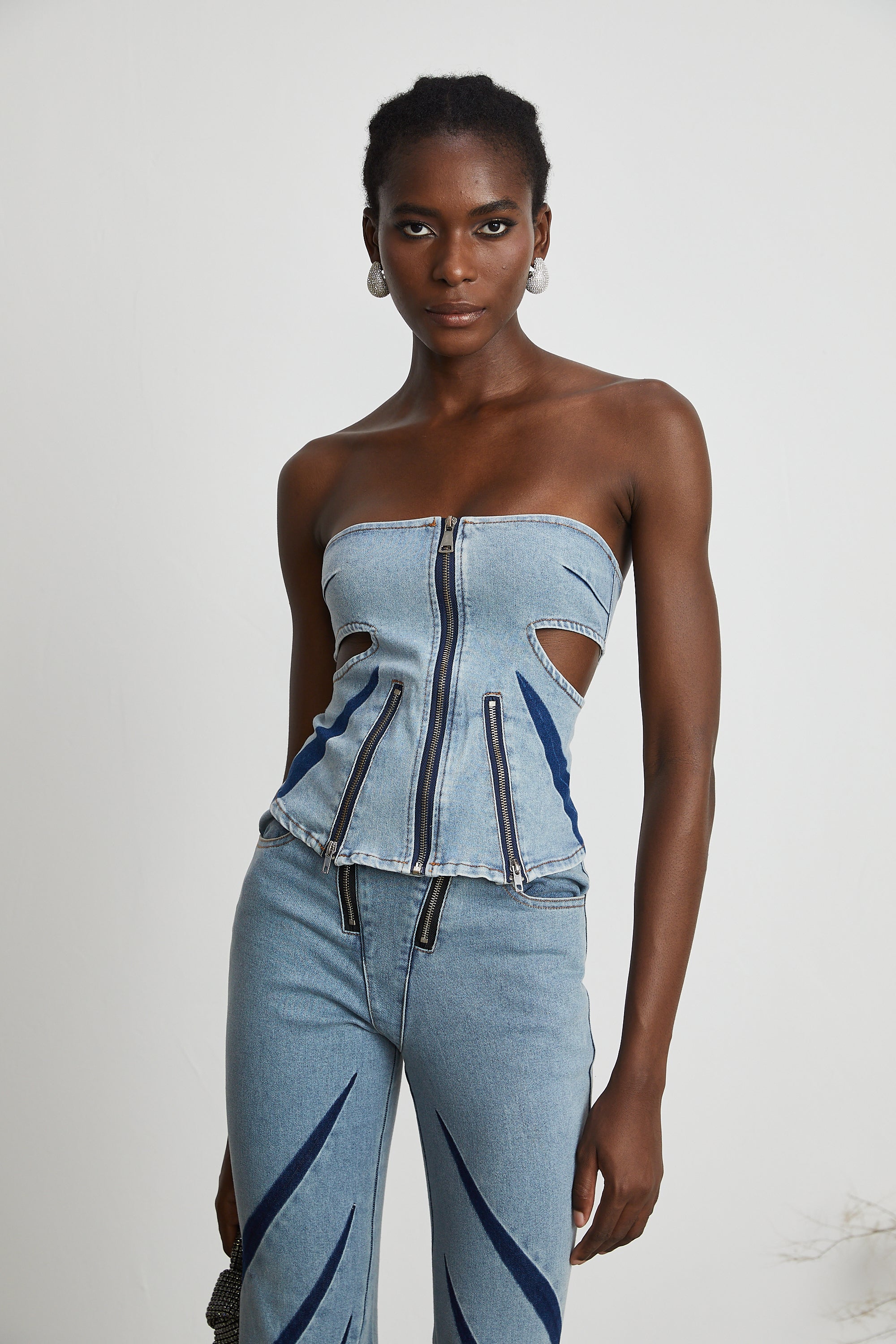 Inès color-blocked denim top & jeans matching set