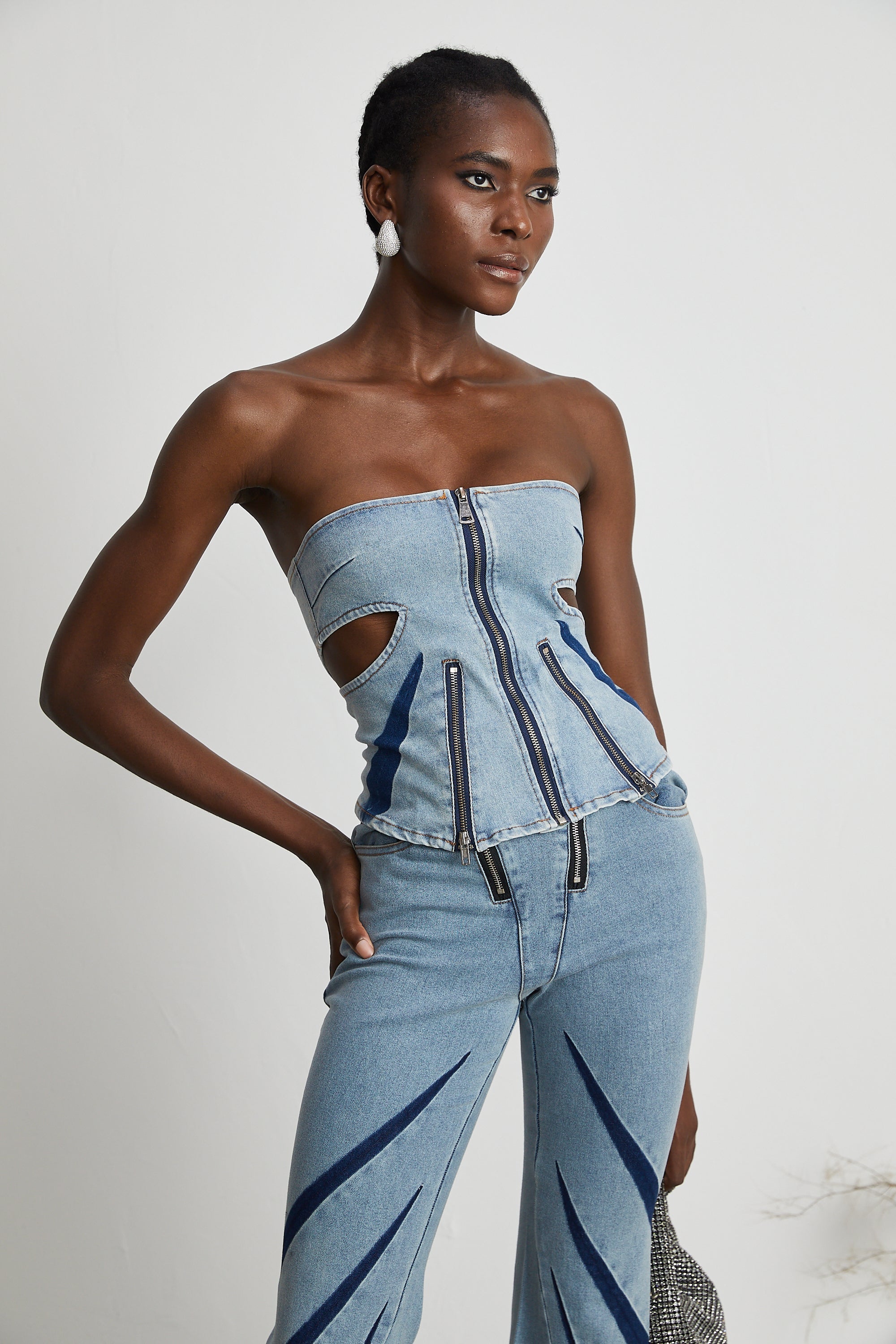 Inès color-blocked denim top & jeans matching set