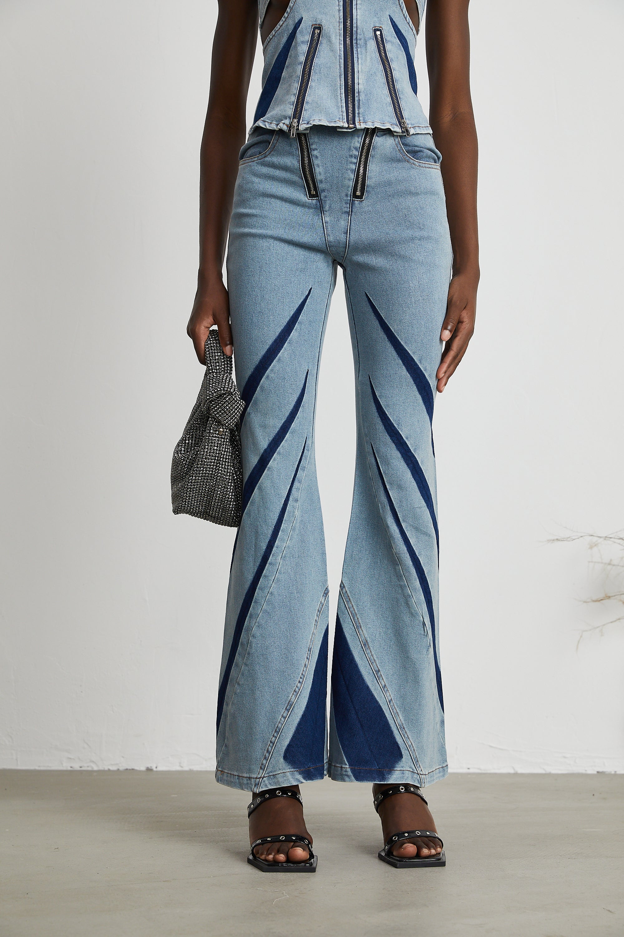 Inès color-blocked denim top & jeans matching set