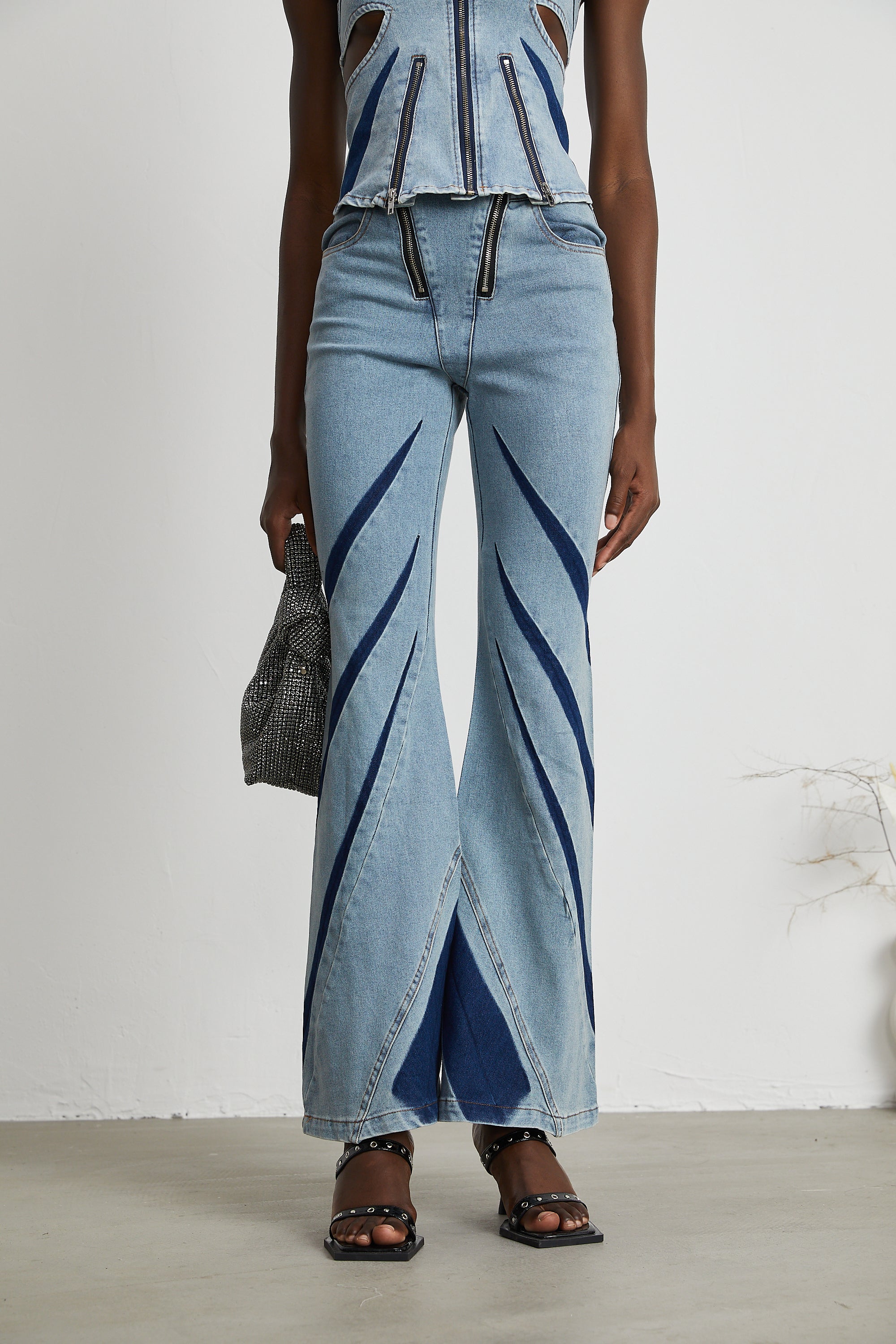 Inès color-blocked denim top & jeans matching set