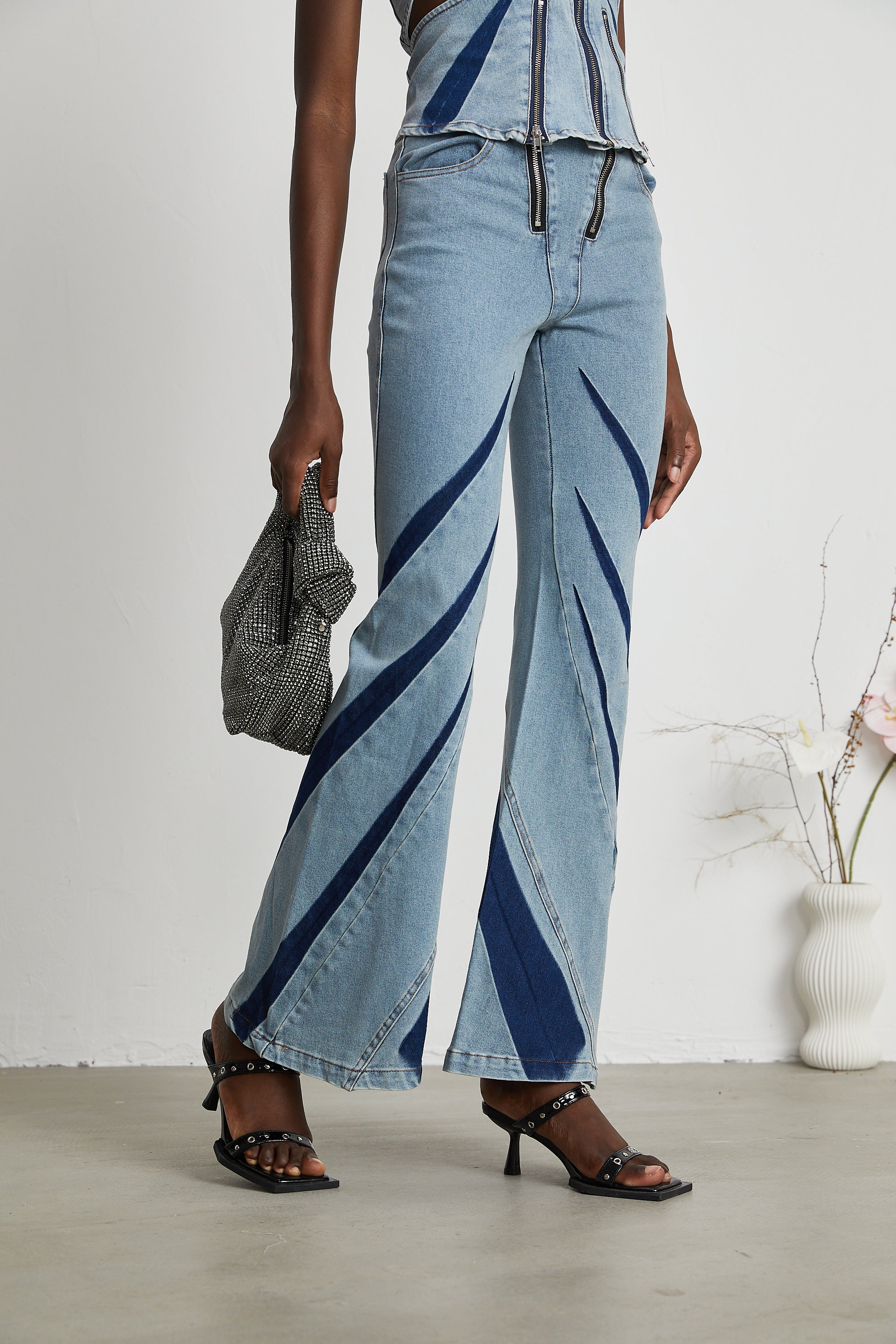 Inès color-blocked denim top & jeans matching set