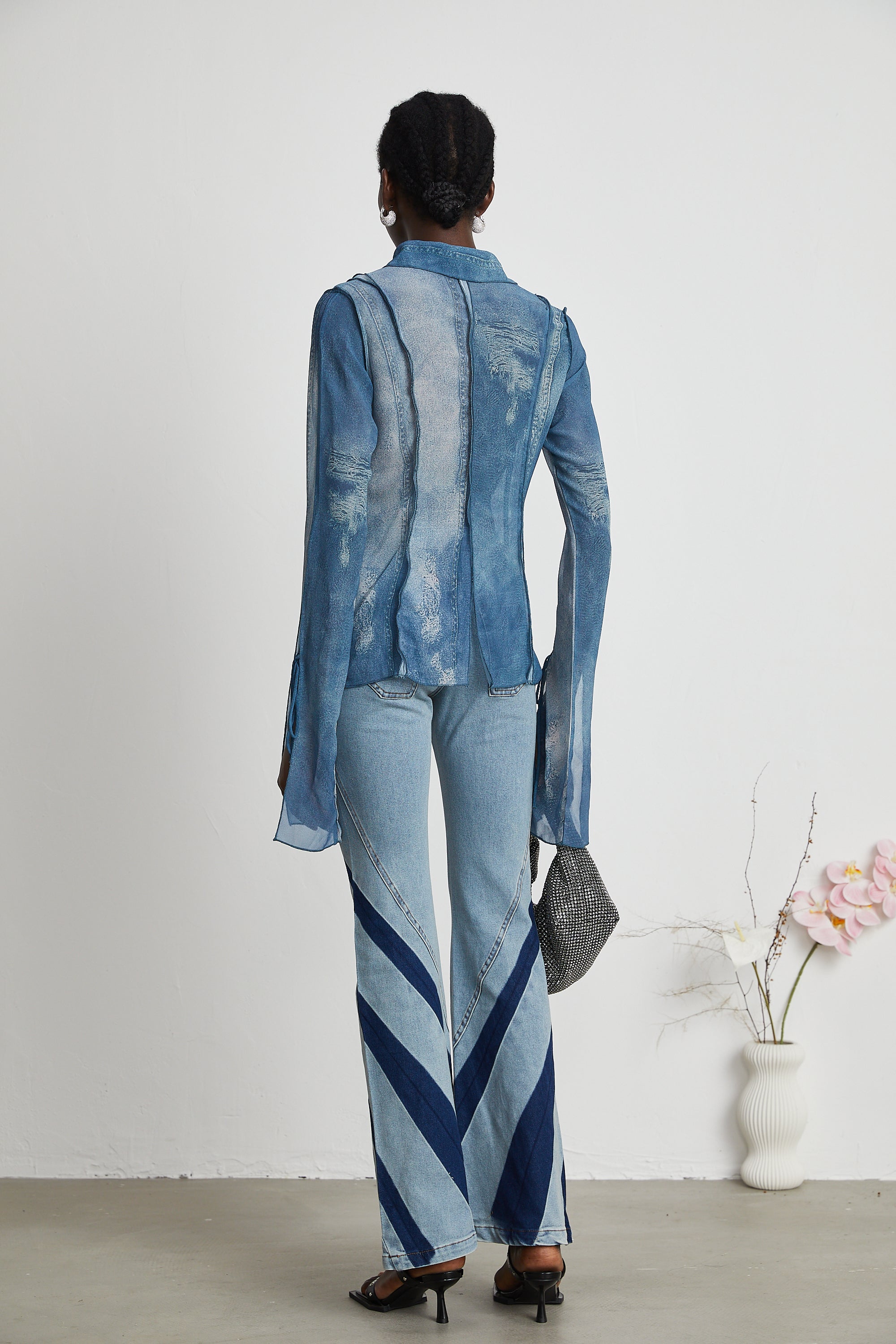 Corin printed denim sheer top