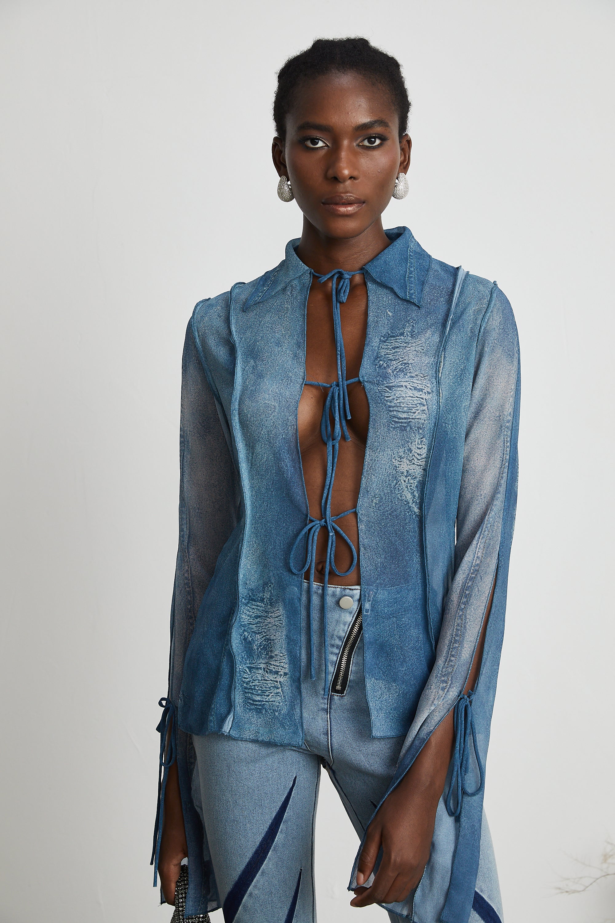 Corin printed denim sheer top