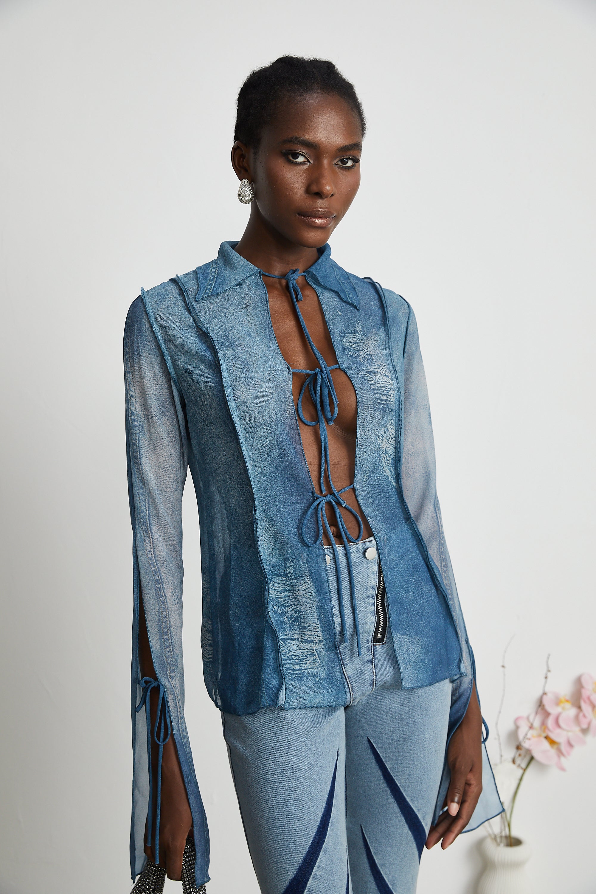 Corin printed denim sheer top