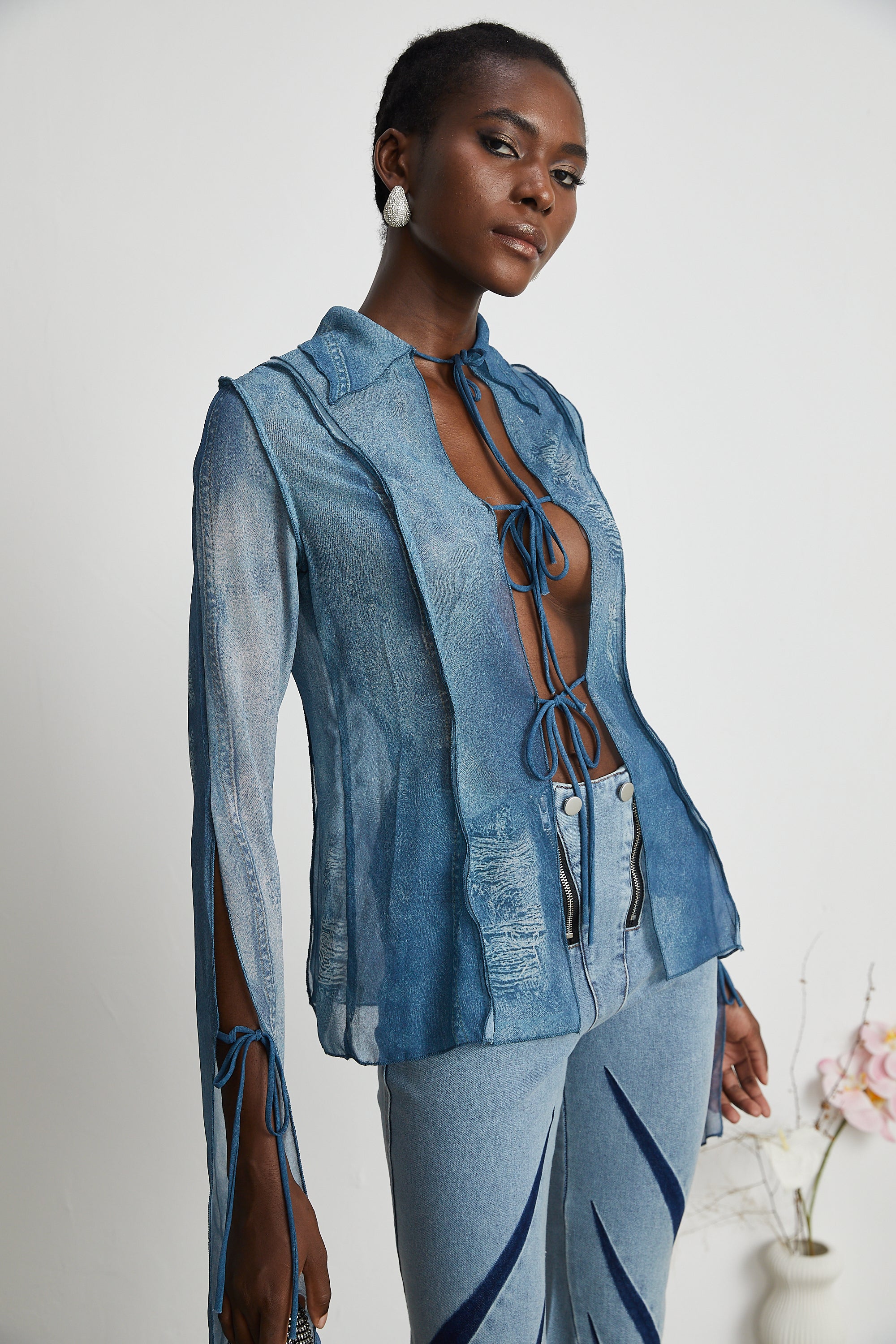 Corin printed denim sheer top