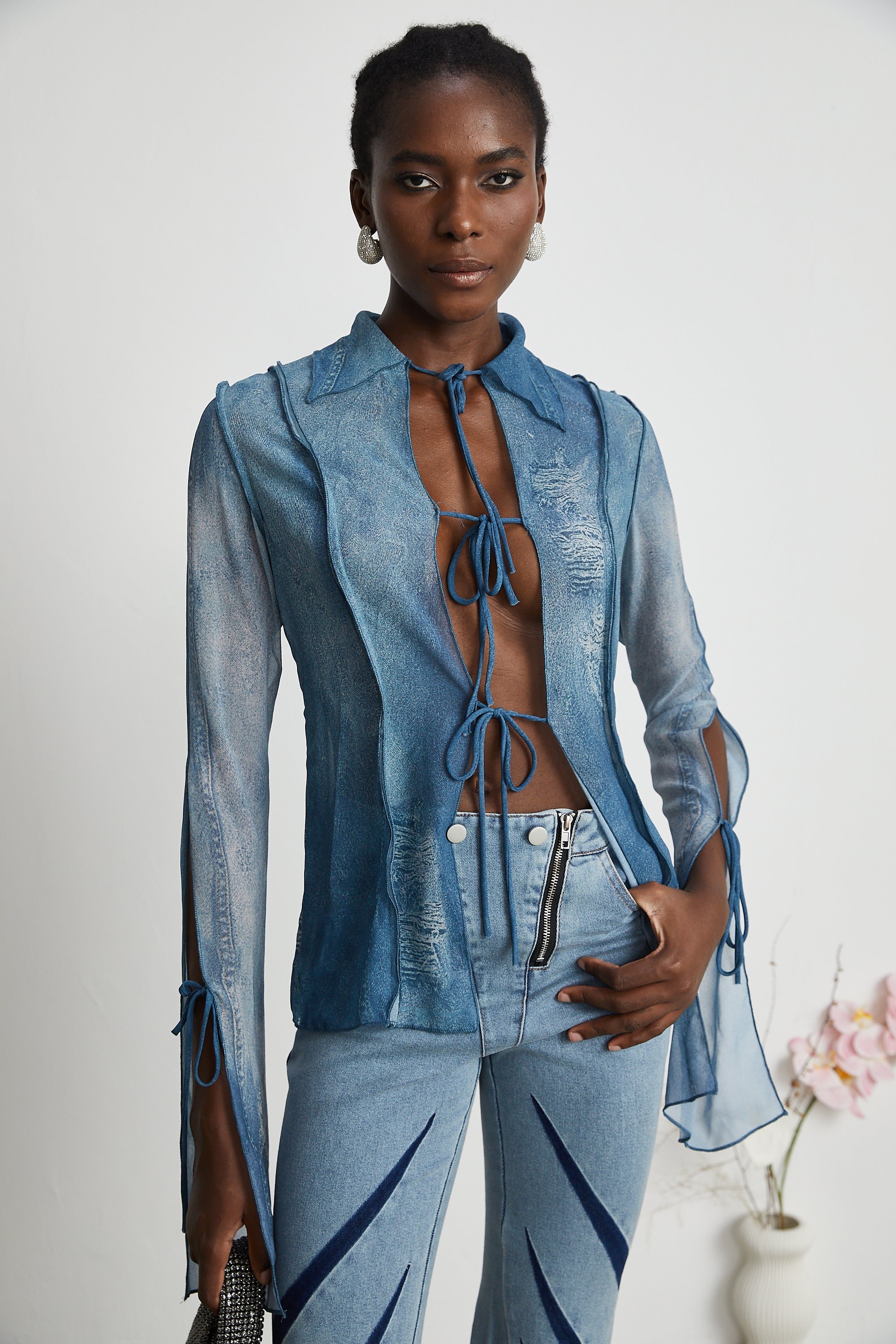 Corin printed denim sheer top