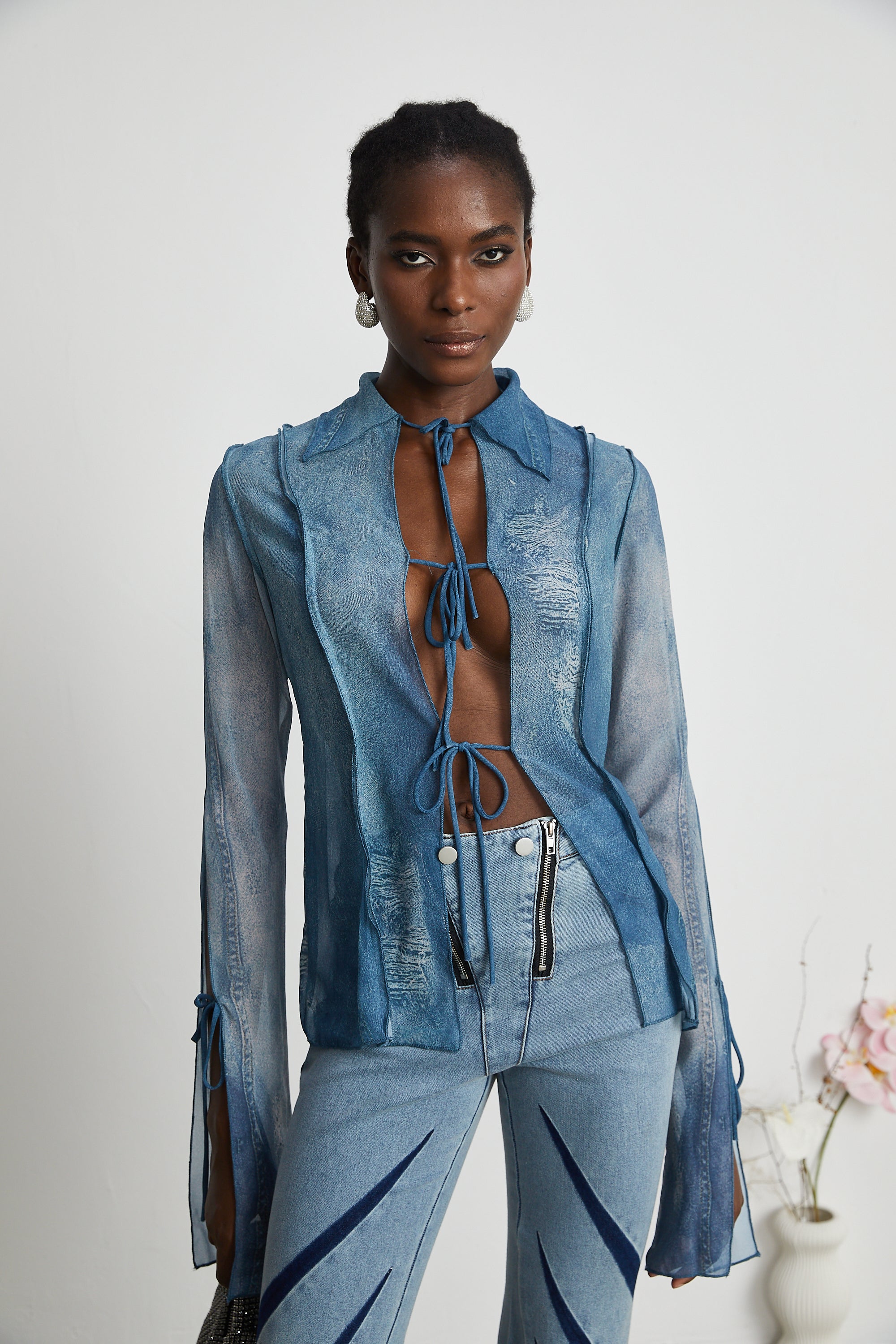 Corin printed denim sheer top