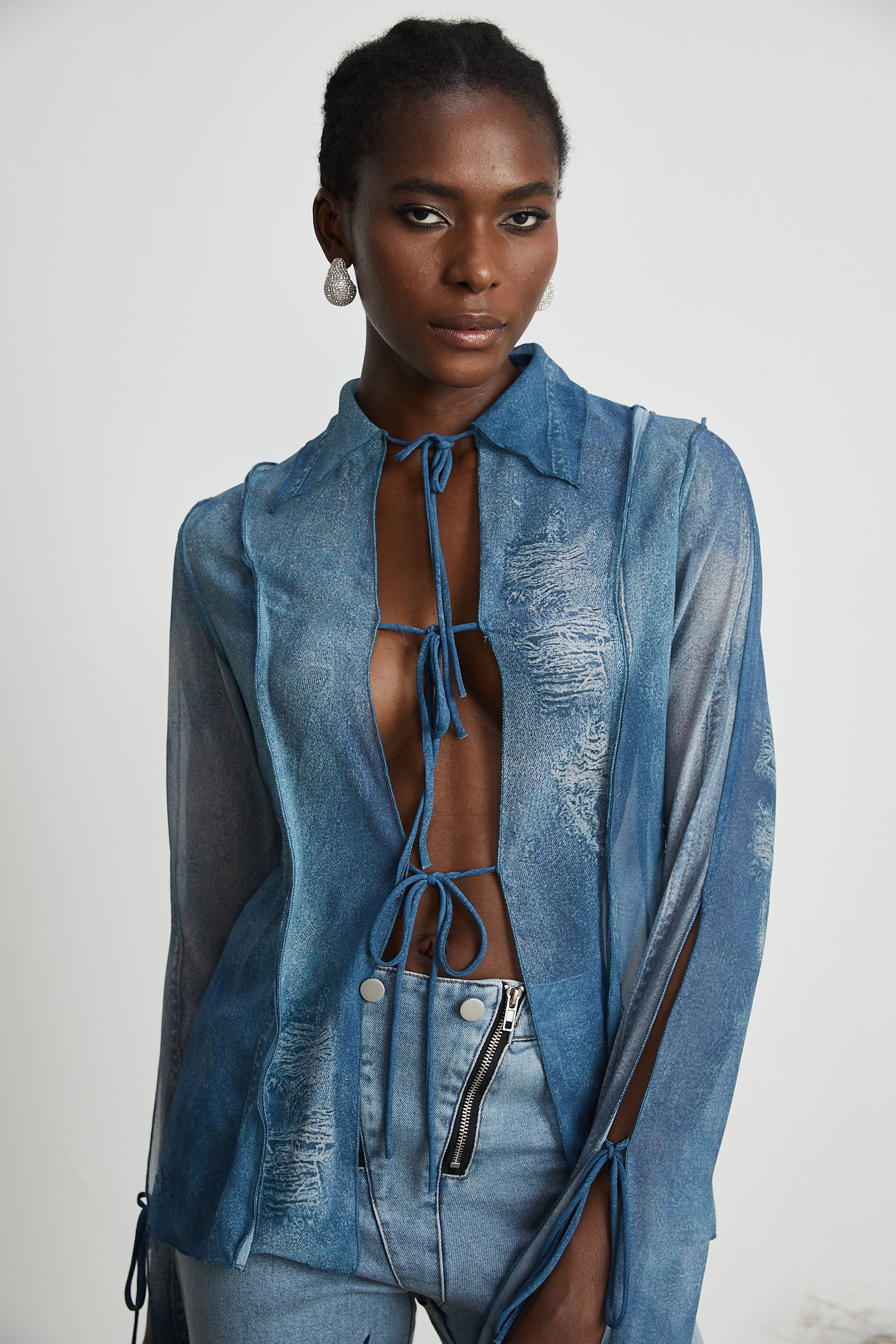 Corin printed denim sheer top