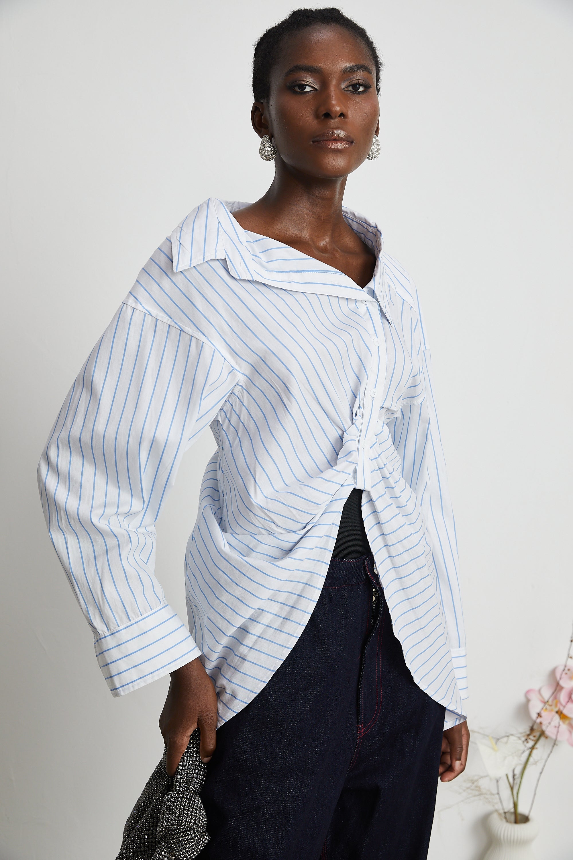 Amber asymmetric striped draped shirt