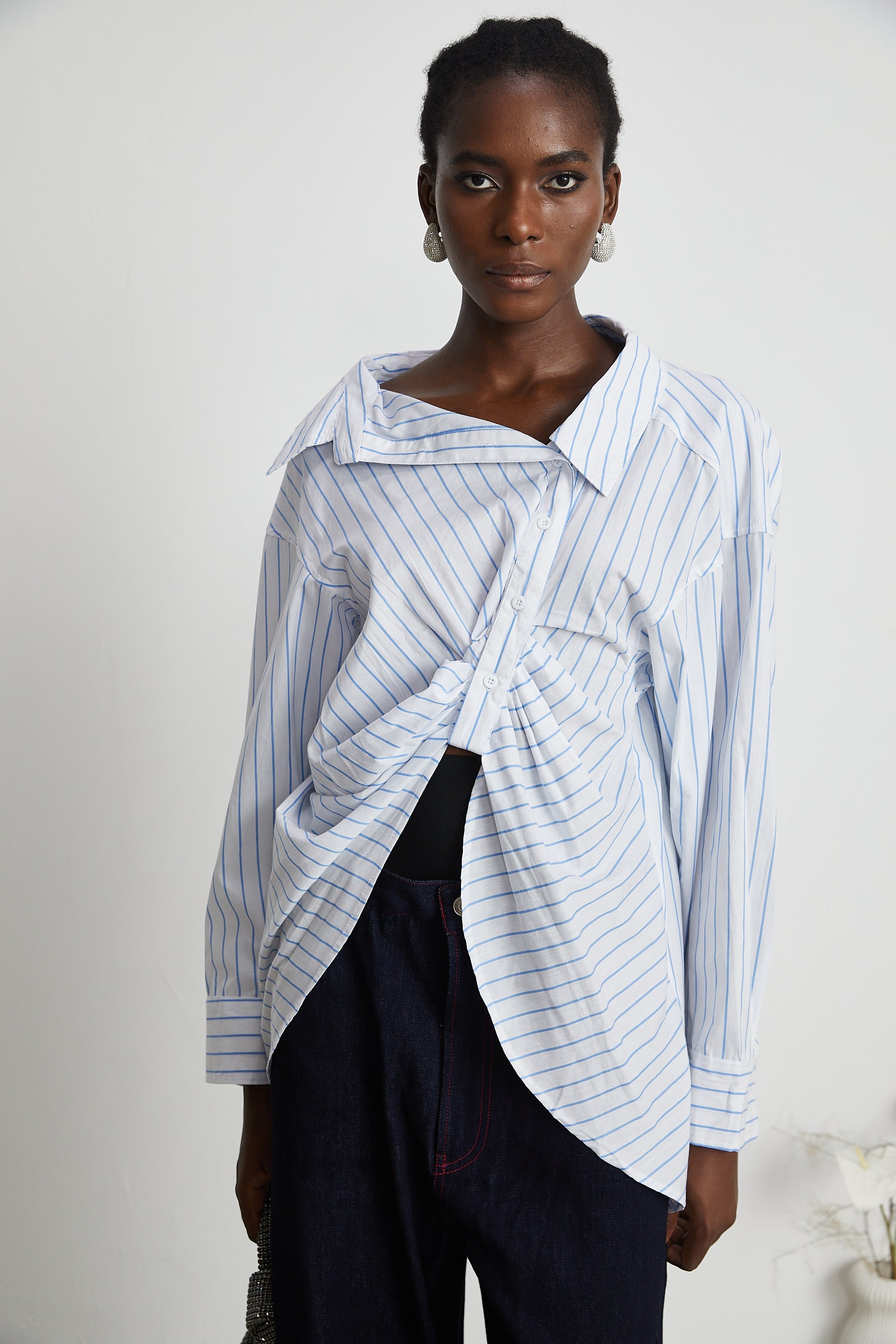 Amber asymmetric striped draped shirt