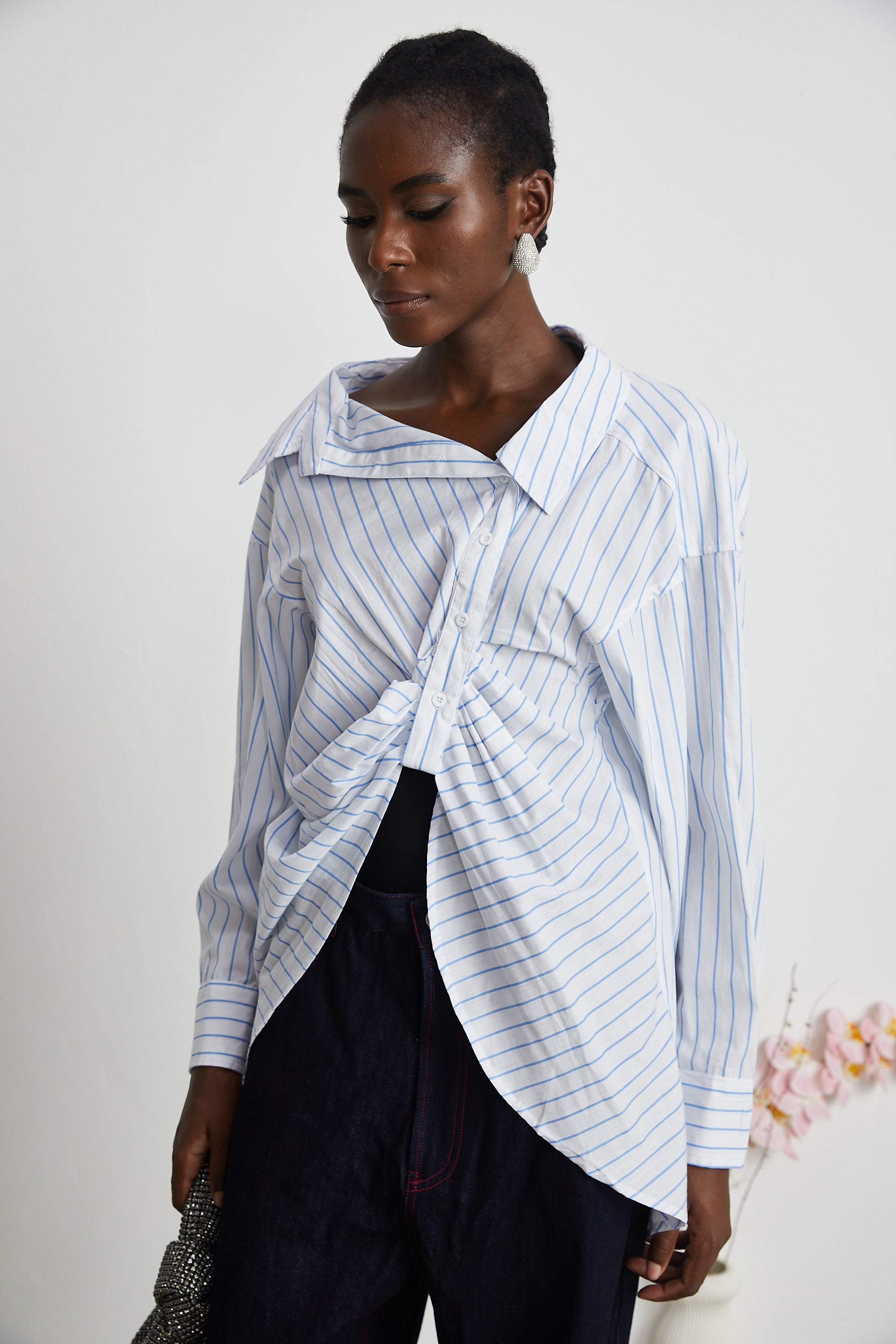 Amber asymmetric striped draped shirt