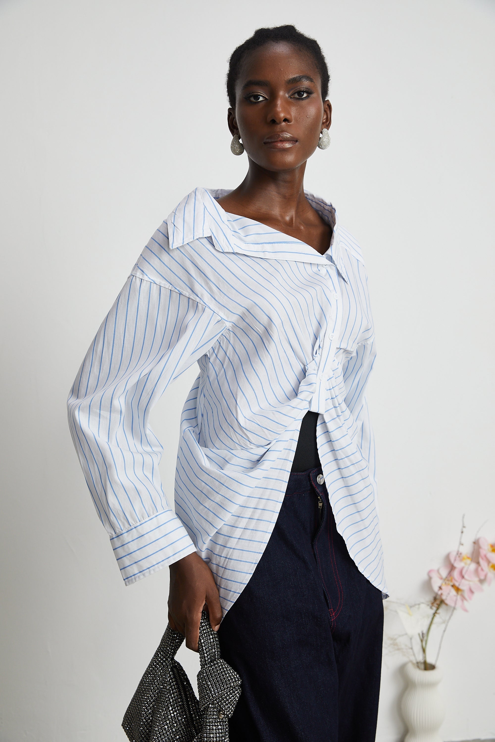 Amber asymmetric striped draped shirt