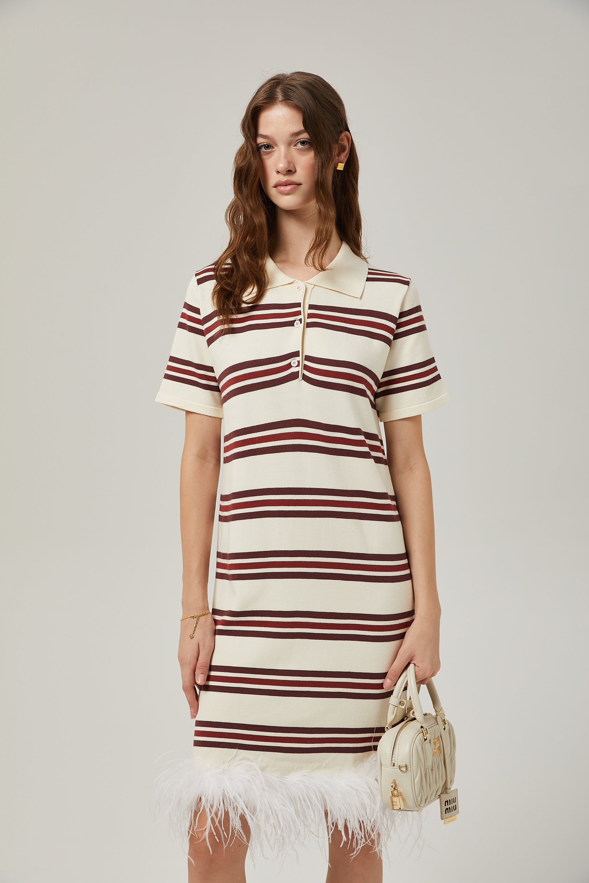 Charlotte stripe-print feather trim midi dress