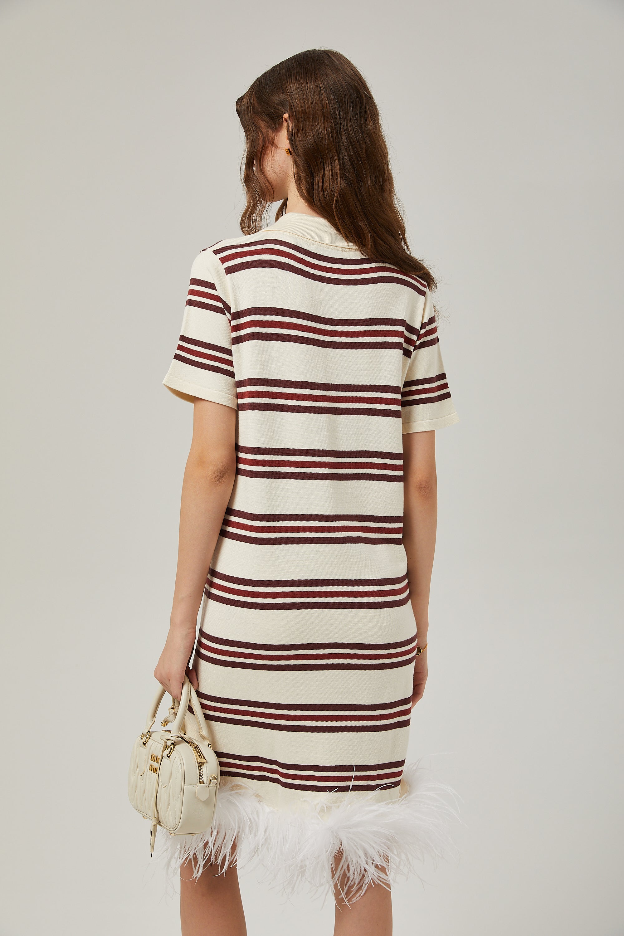 Charlotte stripe-print feather trim midi dress