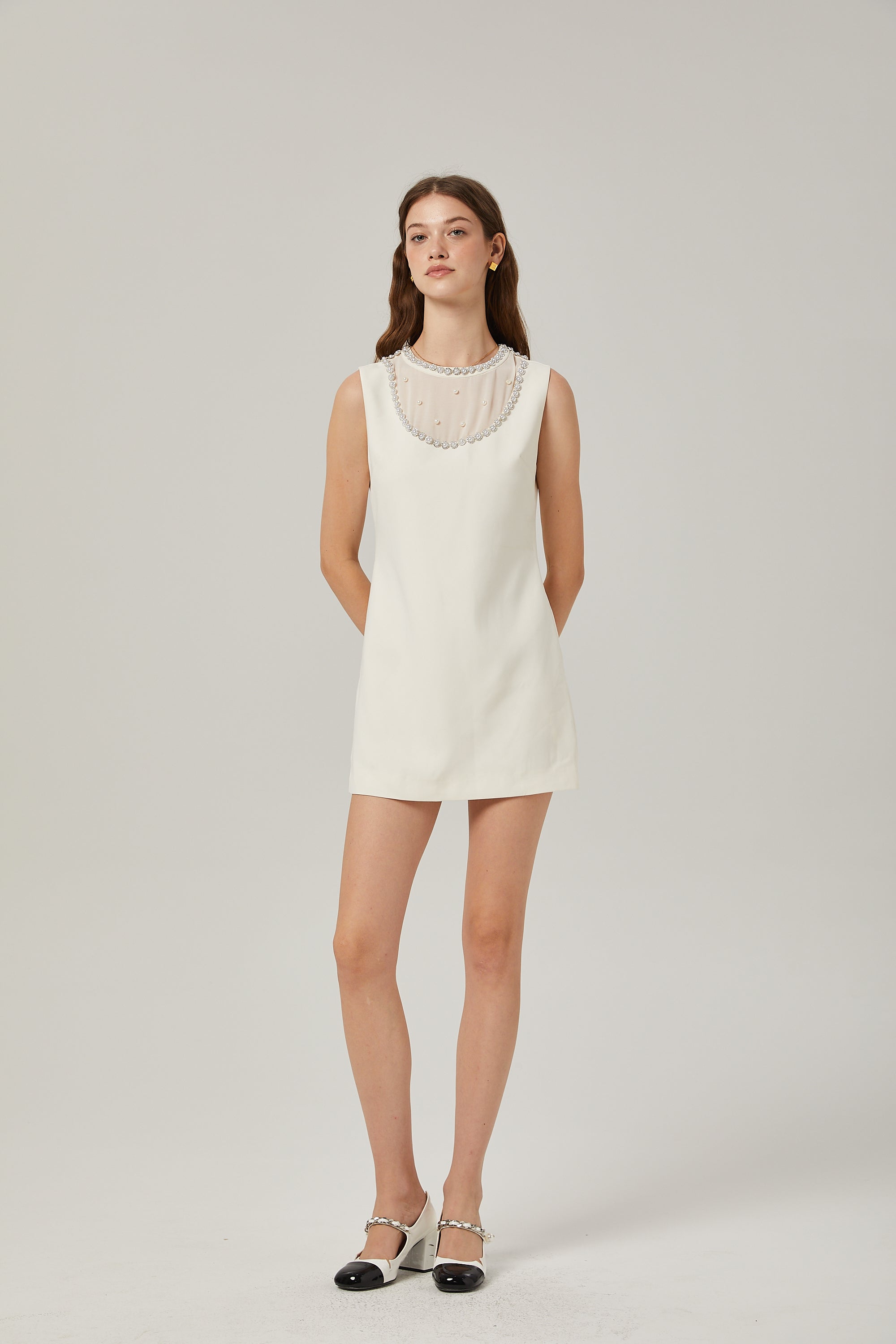 Yvonne sleeveless faux-pearl mini dress