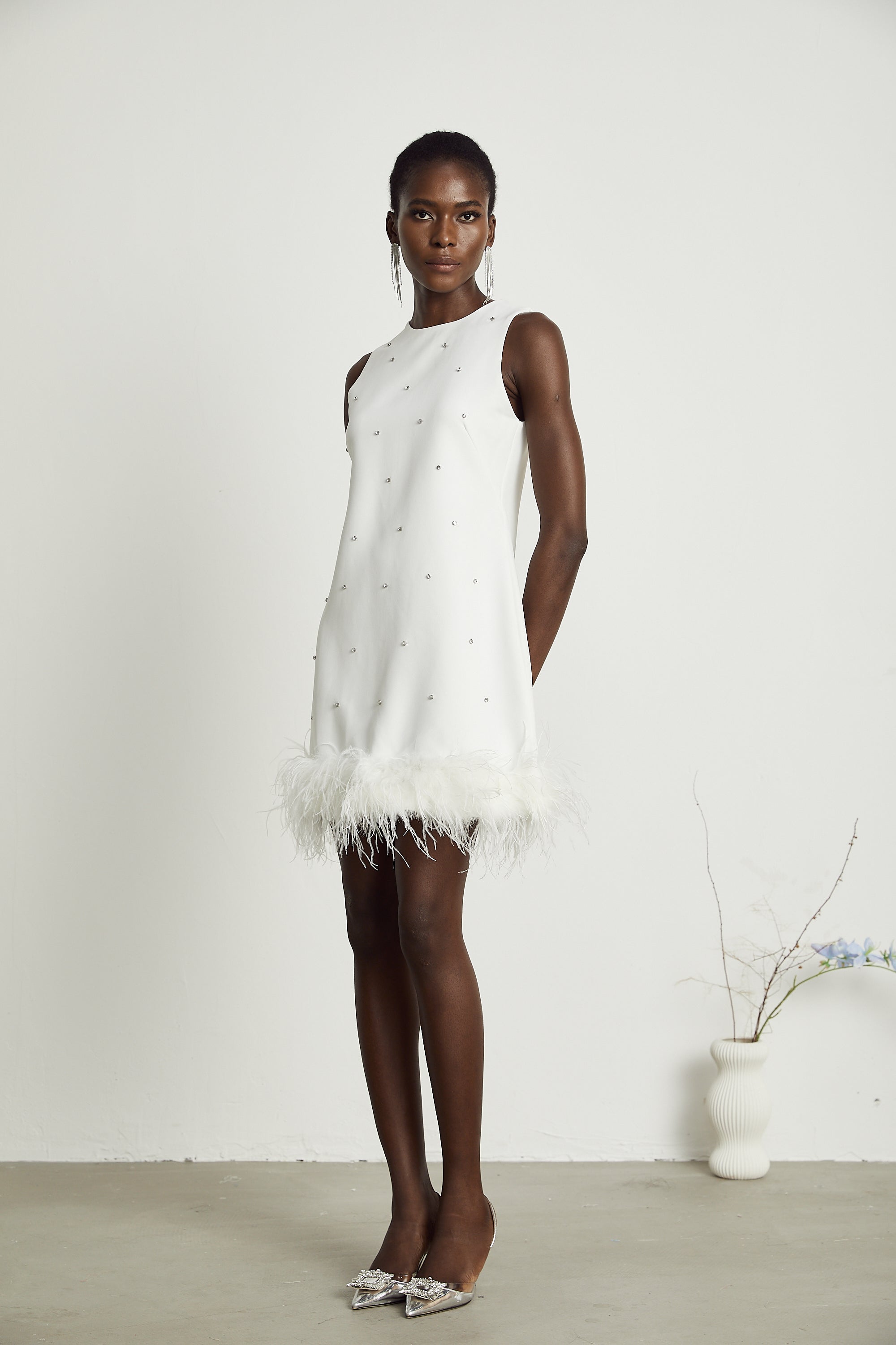 Faena embellished feather-hem mini dress