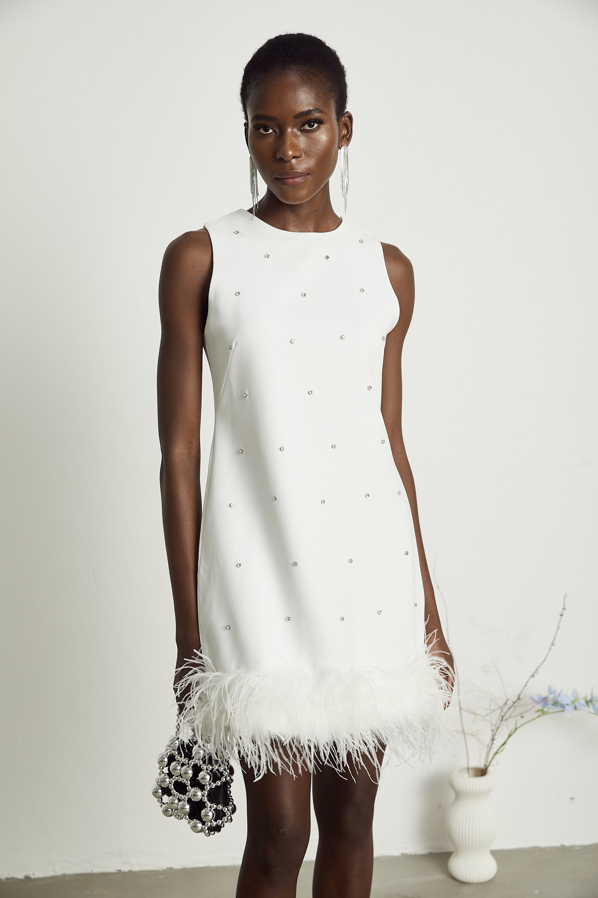 Faena embellished feather-hem mini dress